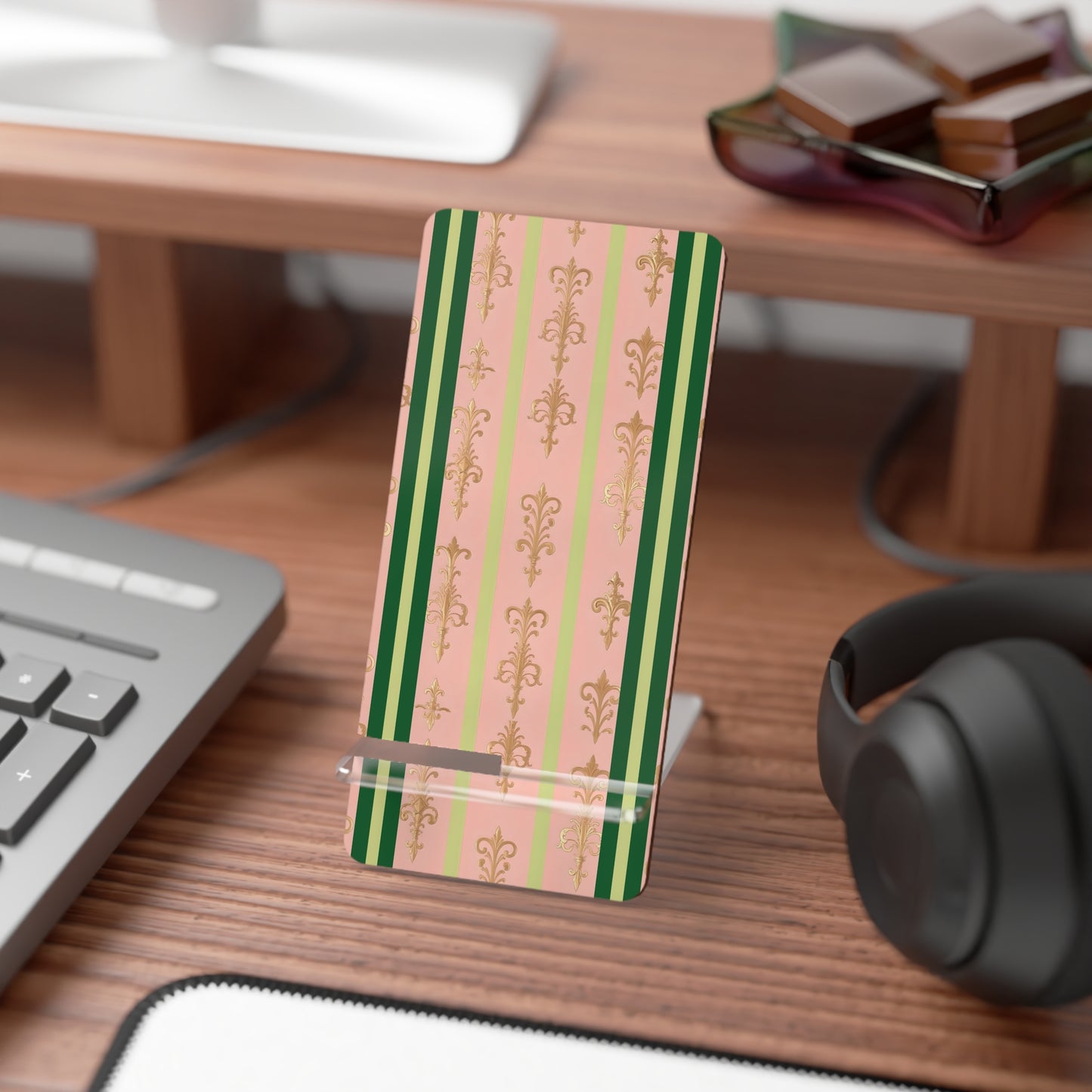 Elegant Floral Motif Smartphone Display Stand - Lime Green & Pink Striped Damask - Decorative Mobile Holder