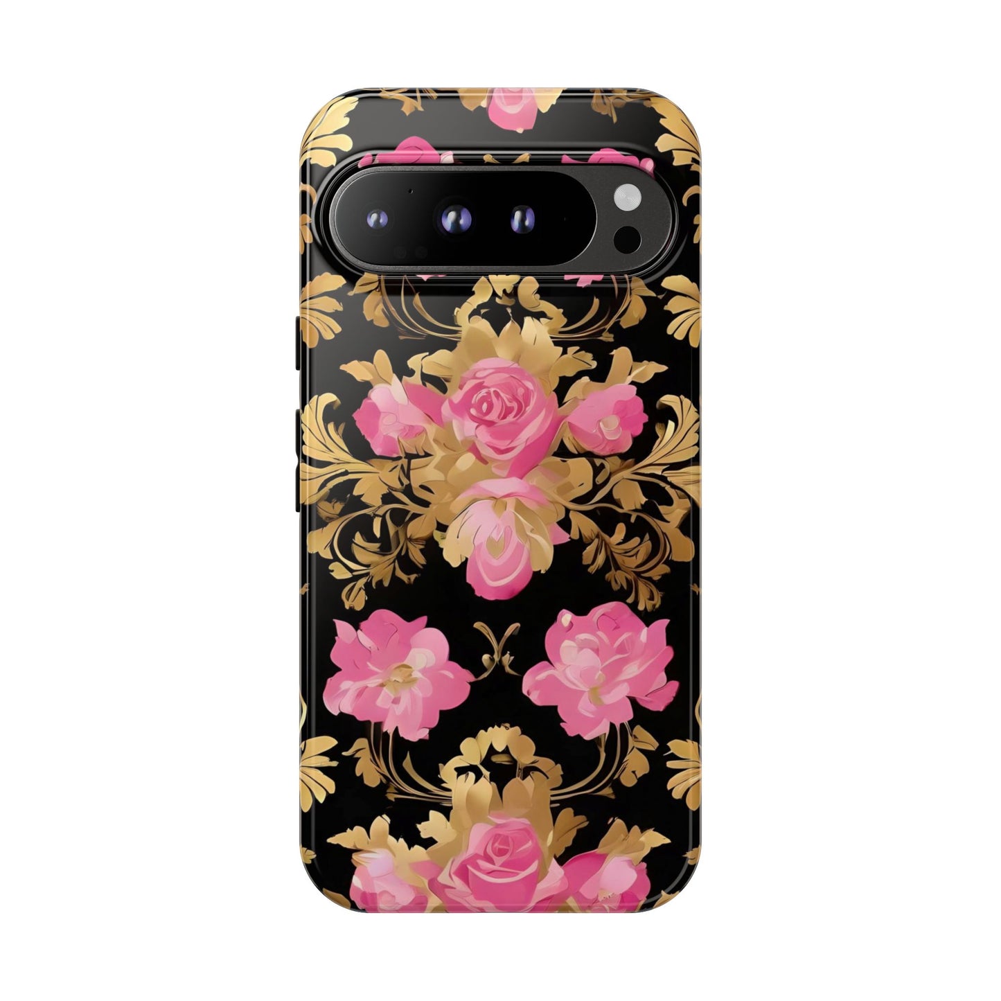Elegant Floral Motif Phone Case - Tough Cases with Vintage Design - Pink & Gold Roses