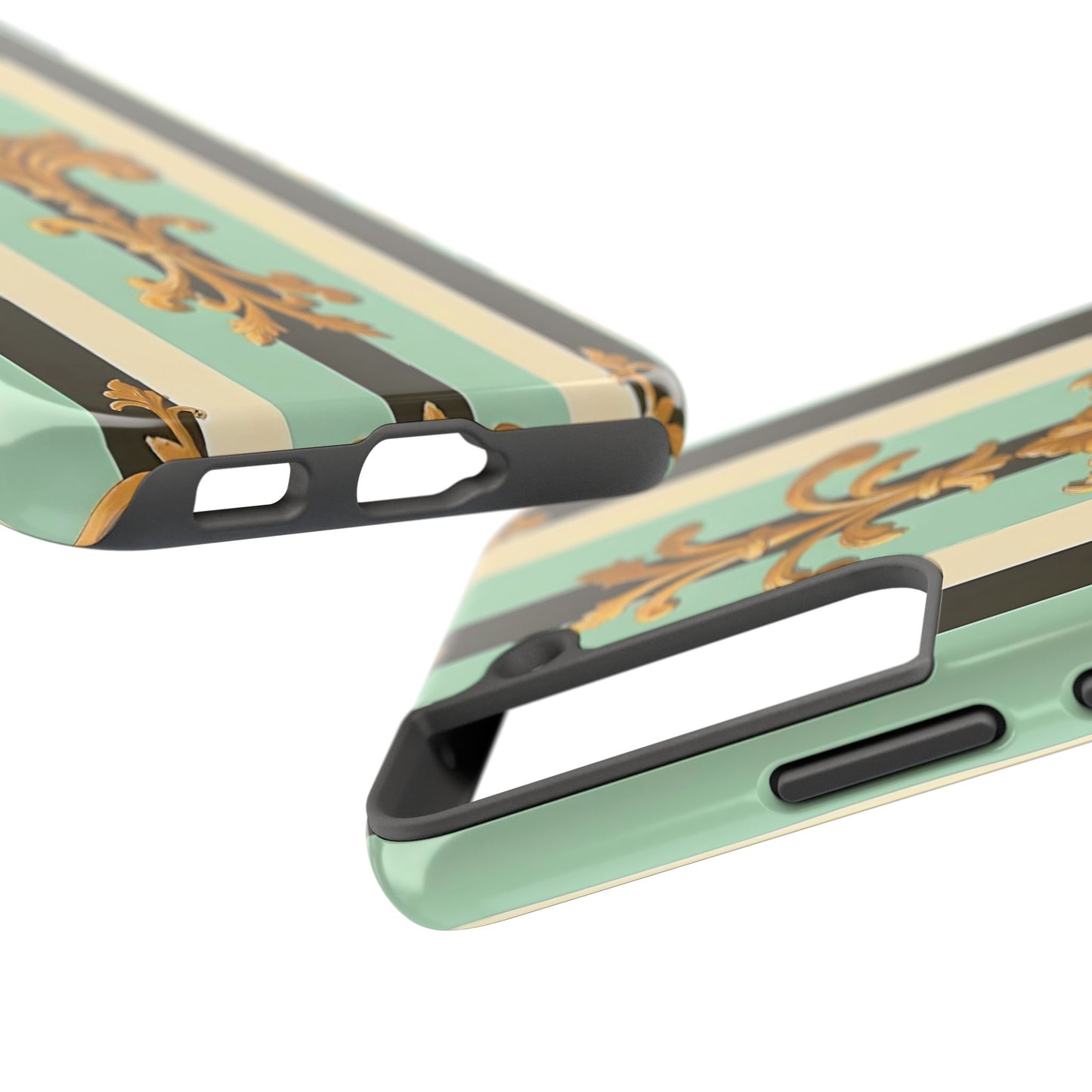 Elegant Floral Tough Phone Cases - Stylish Protection for All Occasions, Gifts for Her, Phone Covers - Black & Matte Mint Striped Rococo