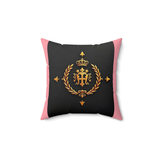Elegant Monogrammed Square Pillow | Luxury Home Decor, Gift for Her, Housewarming Decor, Sofa Accent - Pink Striped Gold Crest