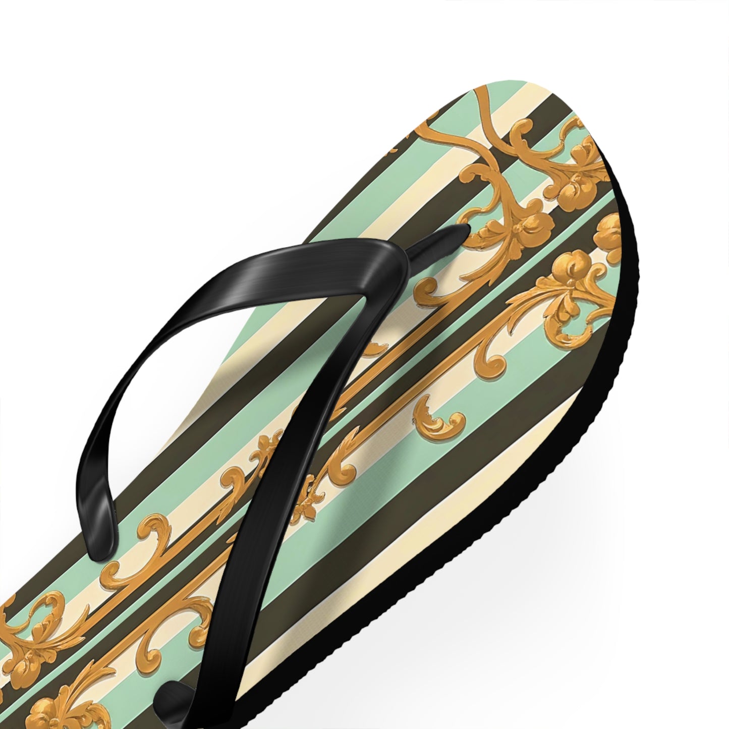 Elegant Patterned Flip Flops, Summer Sandals, Vacation Footwear, Beach Day Slippers, Festival Essentials - Black & Matte Mint Striped Rococo