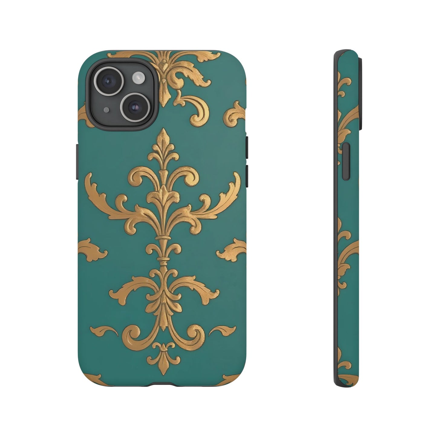 Elegant Floral Motif Phone Case - Tough Cases with Vintage Design - Aqua & Gold Damask