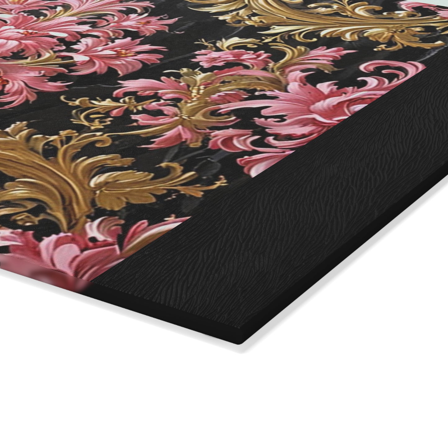 Elegant Floral Glass Cutting Board, Kitchen Decor, Decorative Cutting Board, Gift for Cooks, Wedding Gift - Black & Pink Oil Painting Style Rococo