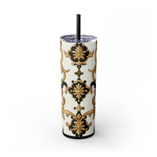 Elegant Gold Floral Skinny Tumbler, 20oz | Insulated Cup for Hot & Cold Drinks, Travel Mug, Gift for Mom, Stylish Drinkware - Black & Gold Rococo
