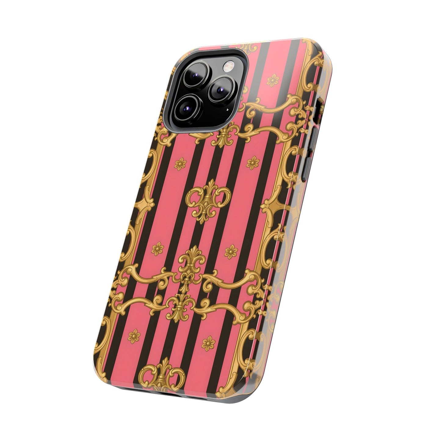 Elegant Baroque Tough Phone Cases, Stylish Protection, Gift for Her, Trendy Accessory - Pink & Black Striped Gold Baroque
