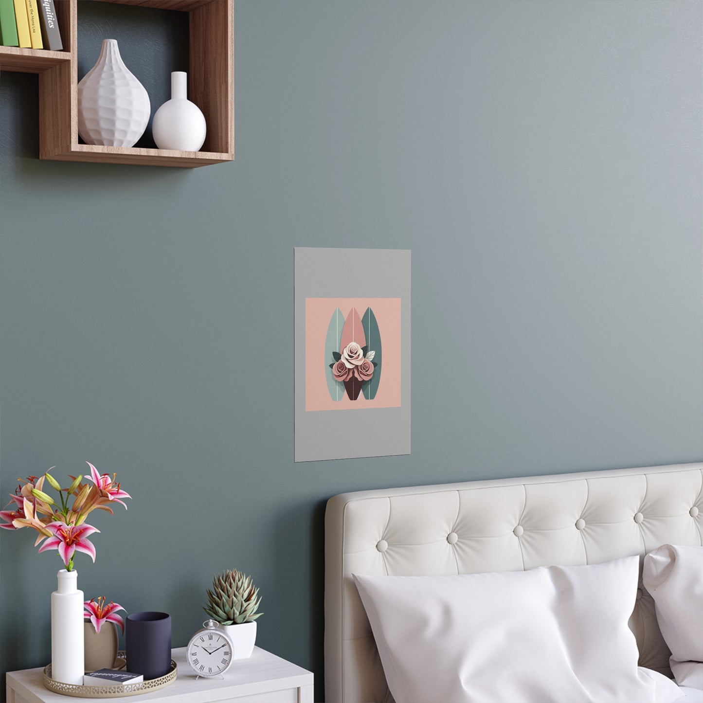 Elegant Floral Silk Poster - Indoor/Outdoor Wall Art for Home Decor - Burgundy, Matte Mauve & Teal Surfboard & Roses