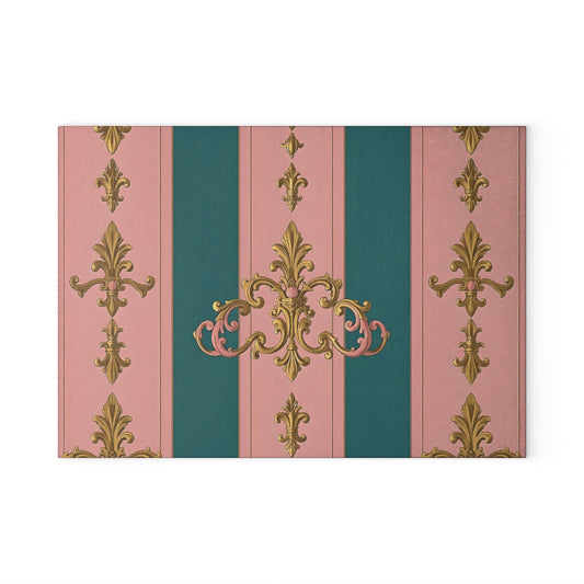 Elegant Glass Cutting Board - Vintage Kitchen Decor, Gift for Chefs, Home Cooking, Housewarming - Pink & Teal Striped Gold Baroque