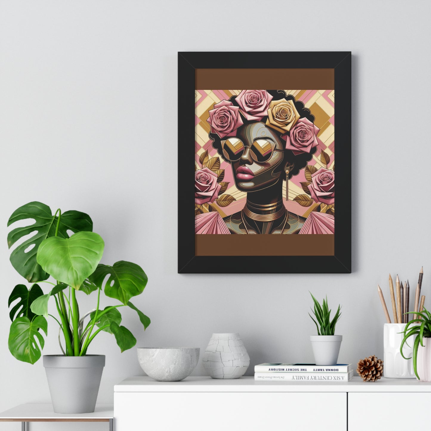 Elegant Framed Vertical Poster of Floral Woman, Home Decor, Wall Art, Gift for Her, Feminine Art Print - Pink Roses Lady