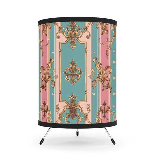 Elegant Tripod Lamp with High-Res Printed Shade, Vintage Decor, Home Lighting, Gift for Her - Pink & Matte Turquoise Striped Rococo