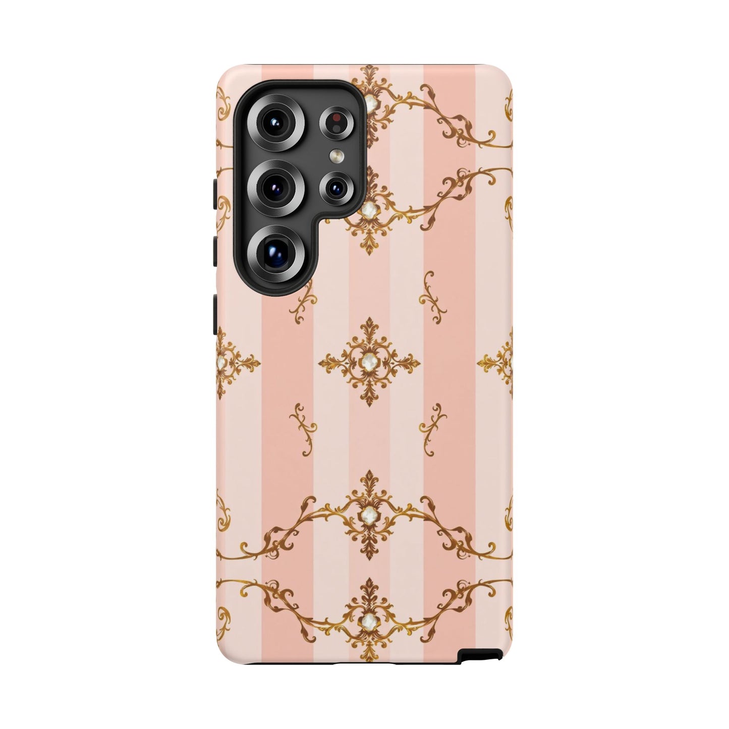 Elegant Floral Phone Case, Tough Cases for Women, Trendy Phone Cover, Chic Gift - Pink Jeweled Striped Gold Baroque