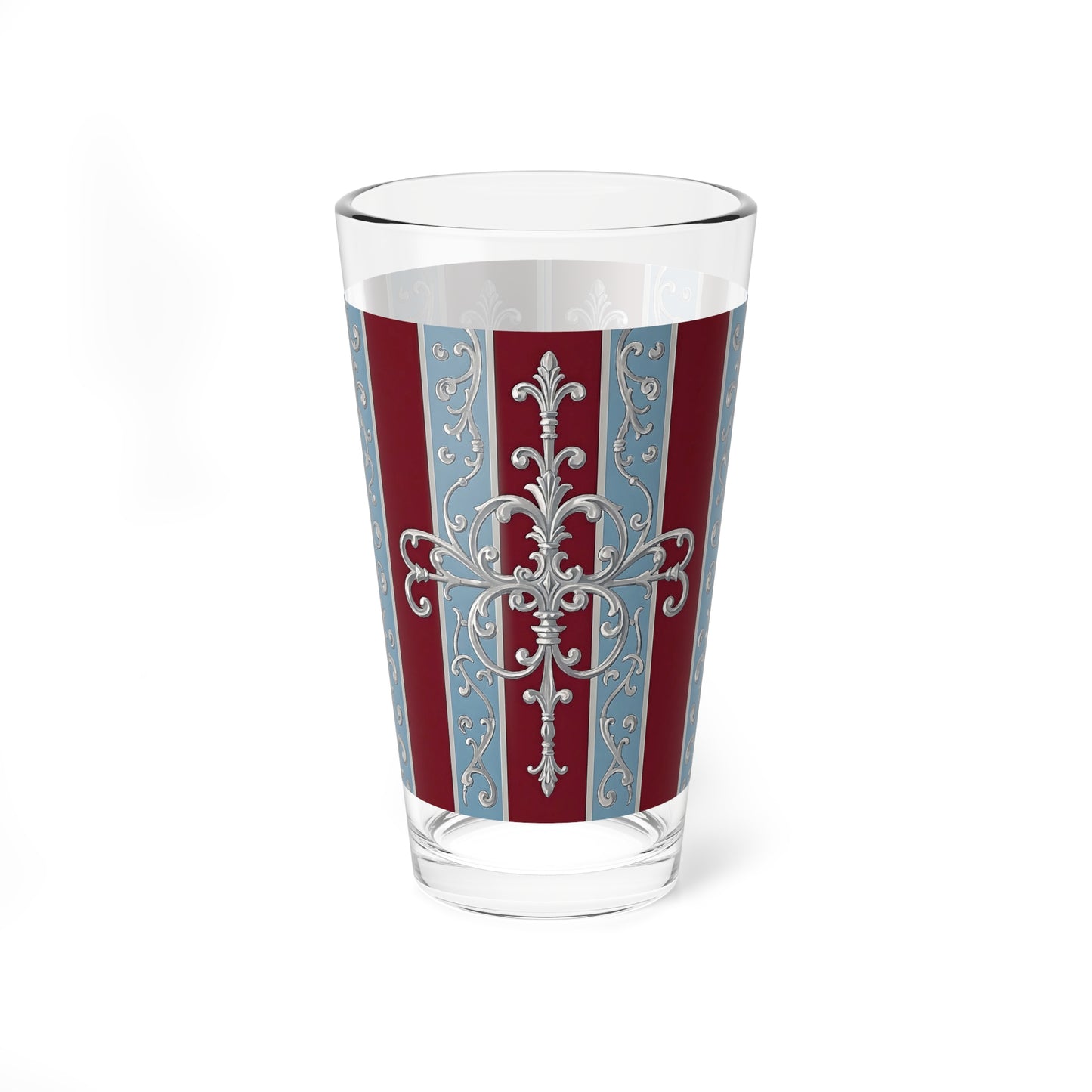 Elegant Vintage 16oz Mixing Glass - Perfect for Entertaining & Home Bar - Ice Blue & Burgundy Striped Baroque