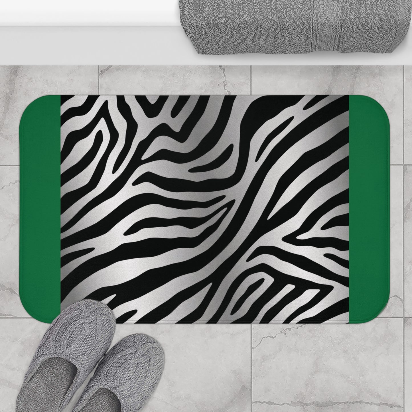 Stylish Zebra Print Bath Mat - Modern Bathroom Decor - Green Trim