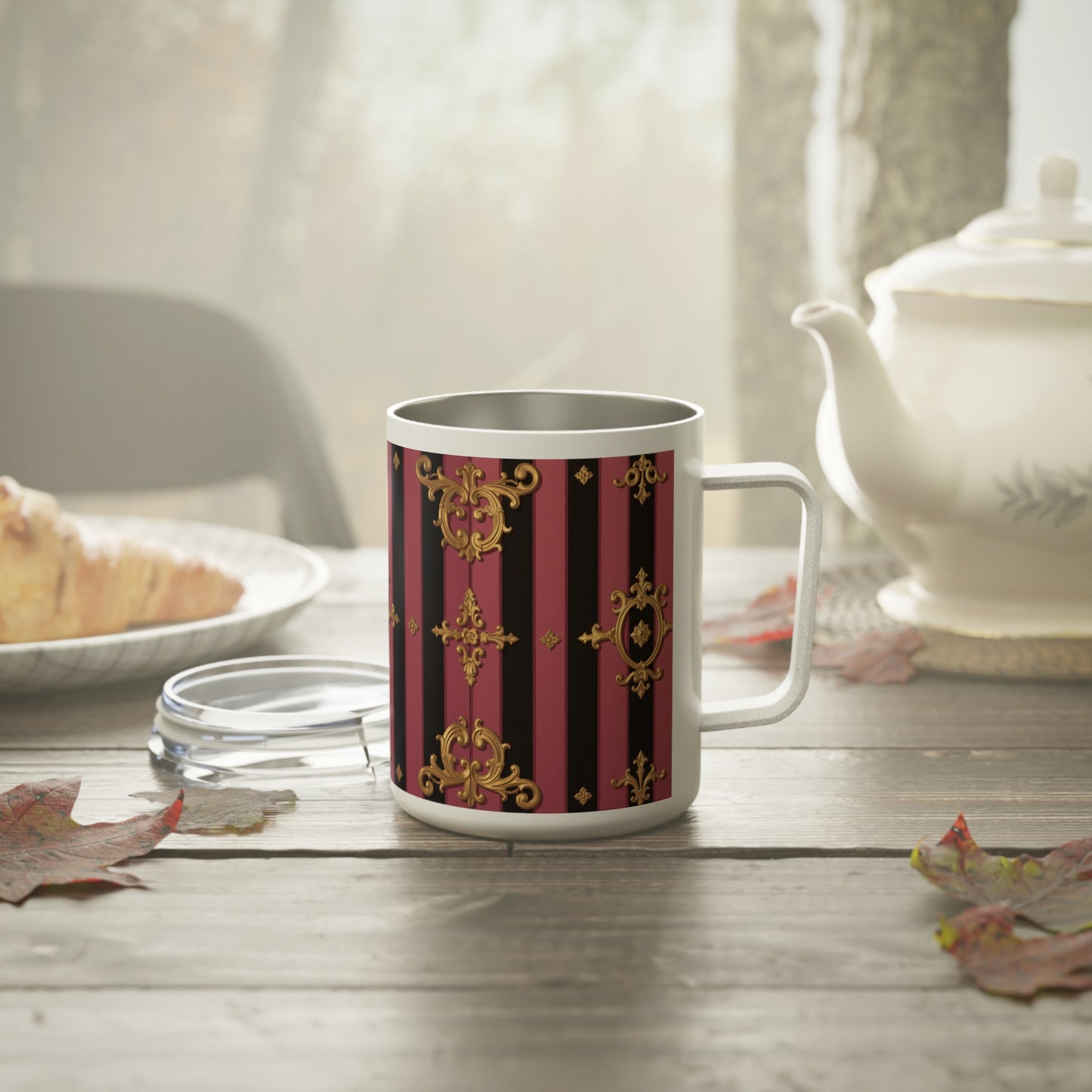 Elegant Black & Mauve Striped Gold Baroque Insulated Coffee Mug - Vintage Gold and Stripes Design | Gift for Coffee Lovers, Travel Mug, Tea Lovers