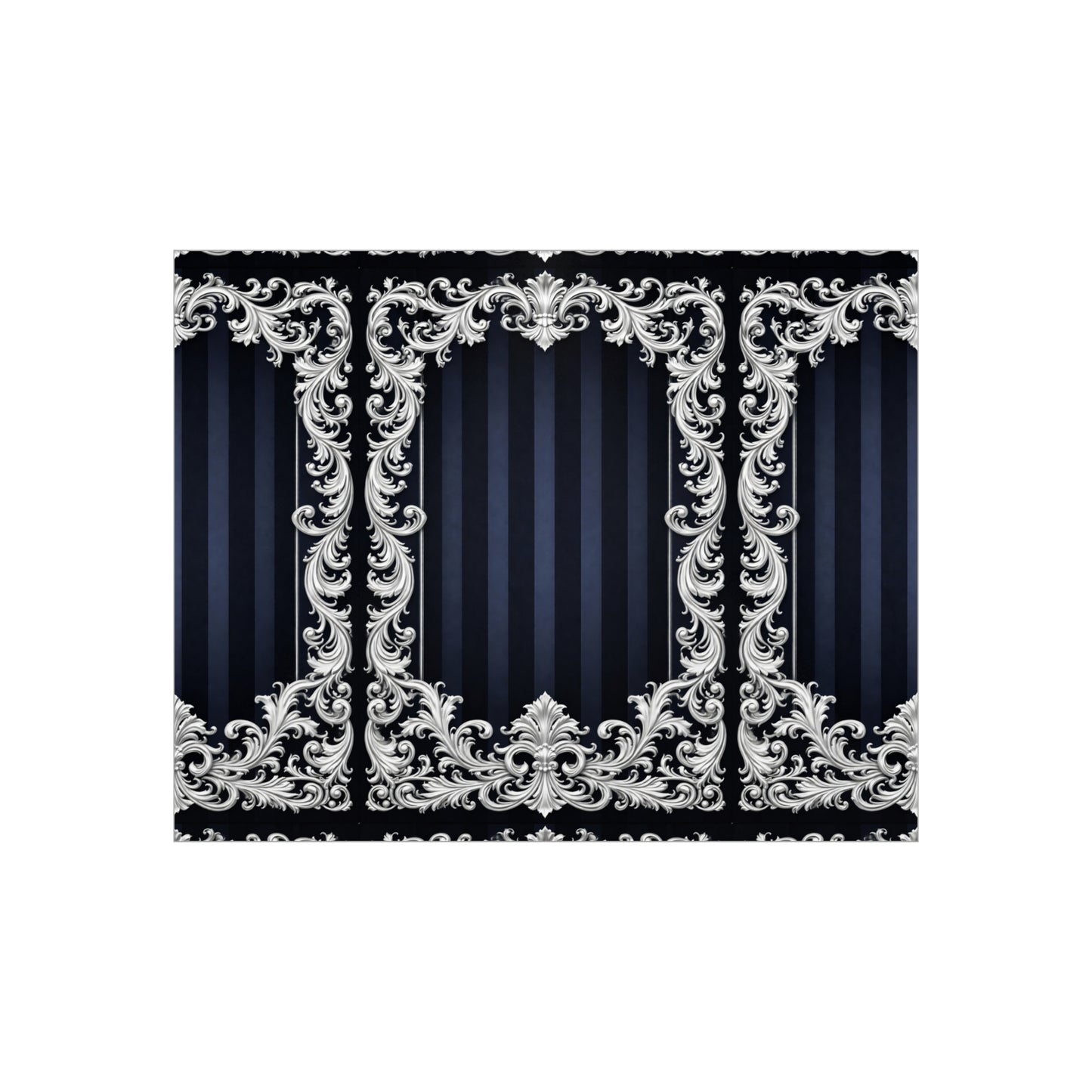 Navy Stripes & Baroque Foam Board Backdrop — Ornate Silver Scroll Panel