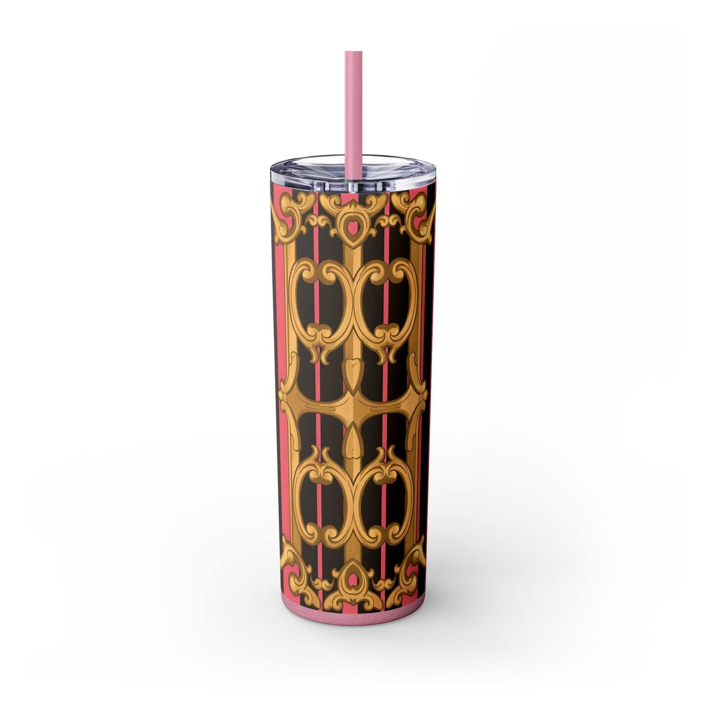 Chic Pink Striped Skinny Tumbler, 20oz | Elegant Travel Mug, Perfect Gift for Birthdays - Pink & Black Striped Gold Baroque