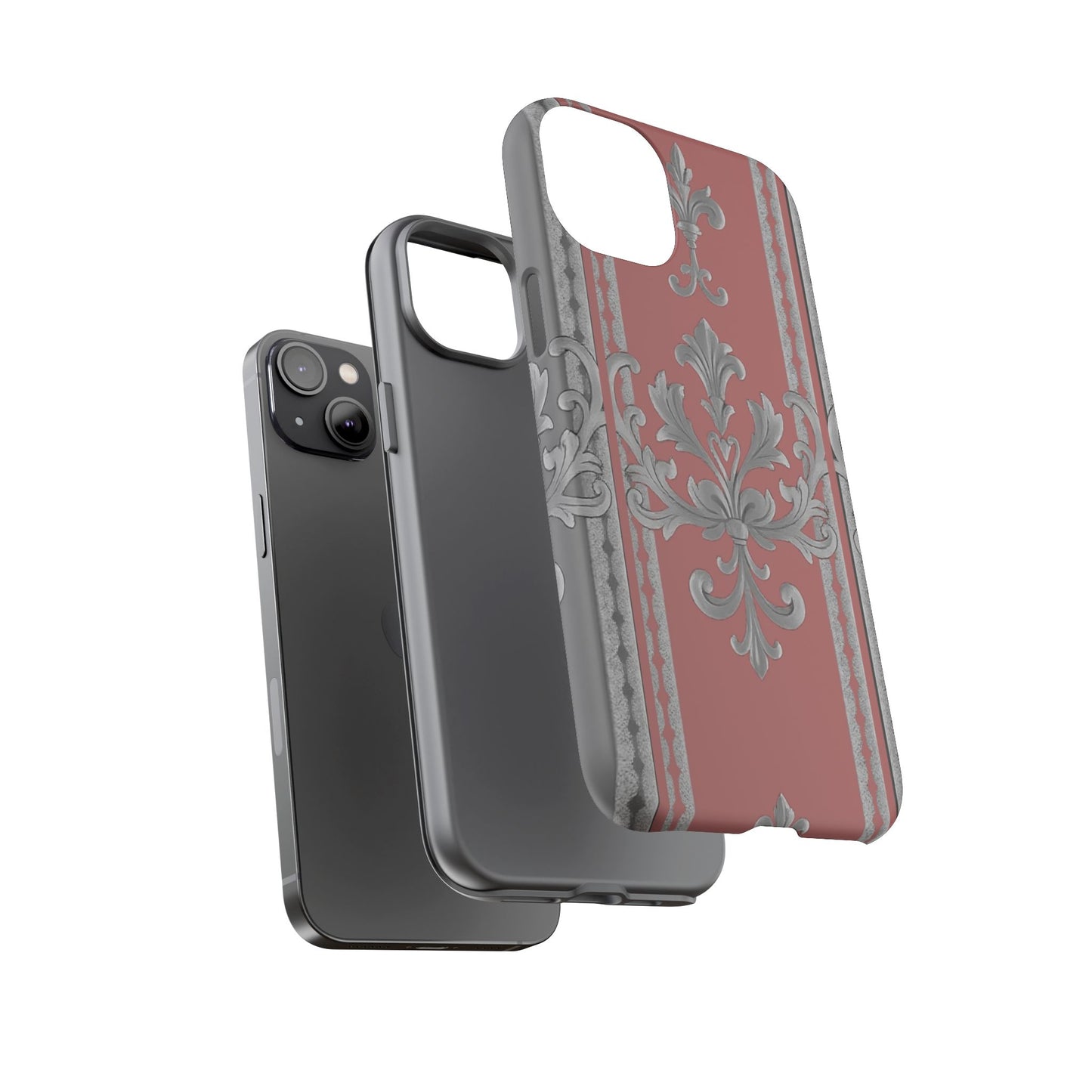 Elegant Floral Phone Case - Tough Cases for Stylish Protection - Gray & Mauve Striped Baroque