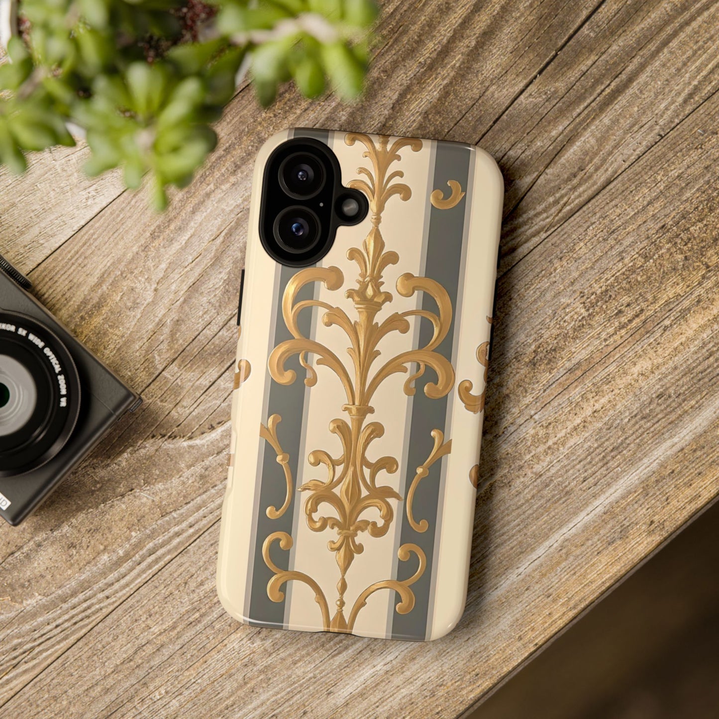 Elegant Floral Motif Phone Case - Tough Cases with Vintage Design - Dusk Olive Striped Gold Damask