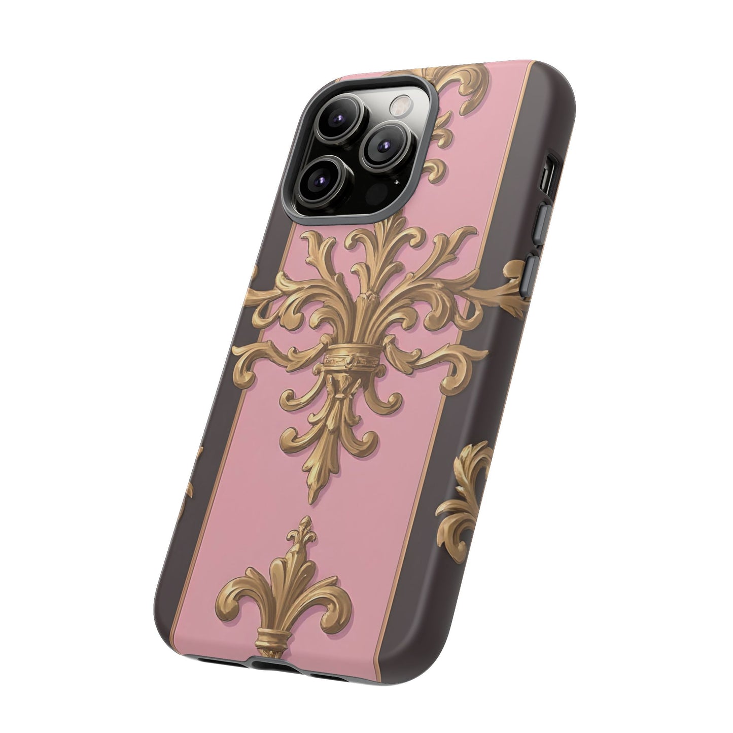 Elegant Floral Motif Phone Case - Tough Cases with Vintage Design - Pink & Brown Striped Gold Damask