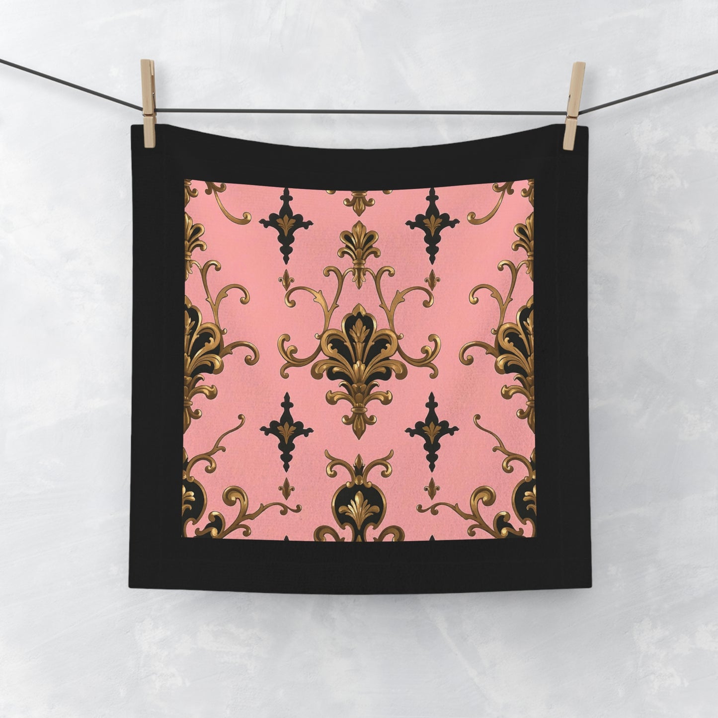 Elegant Patterned Face Towel, Decorative Bathroom Linen, Gift for Home, Luxury Spa Towel - Pink, Black & Gold Rococo
