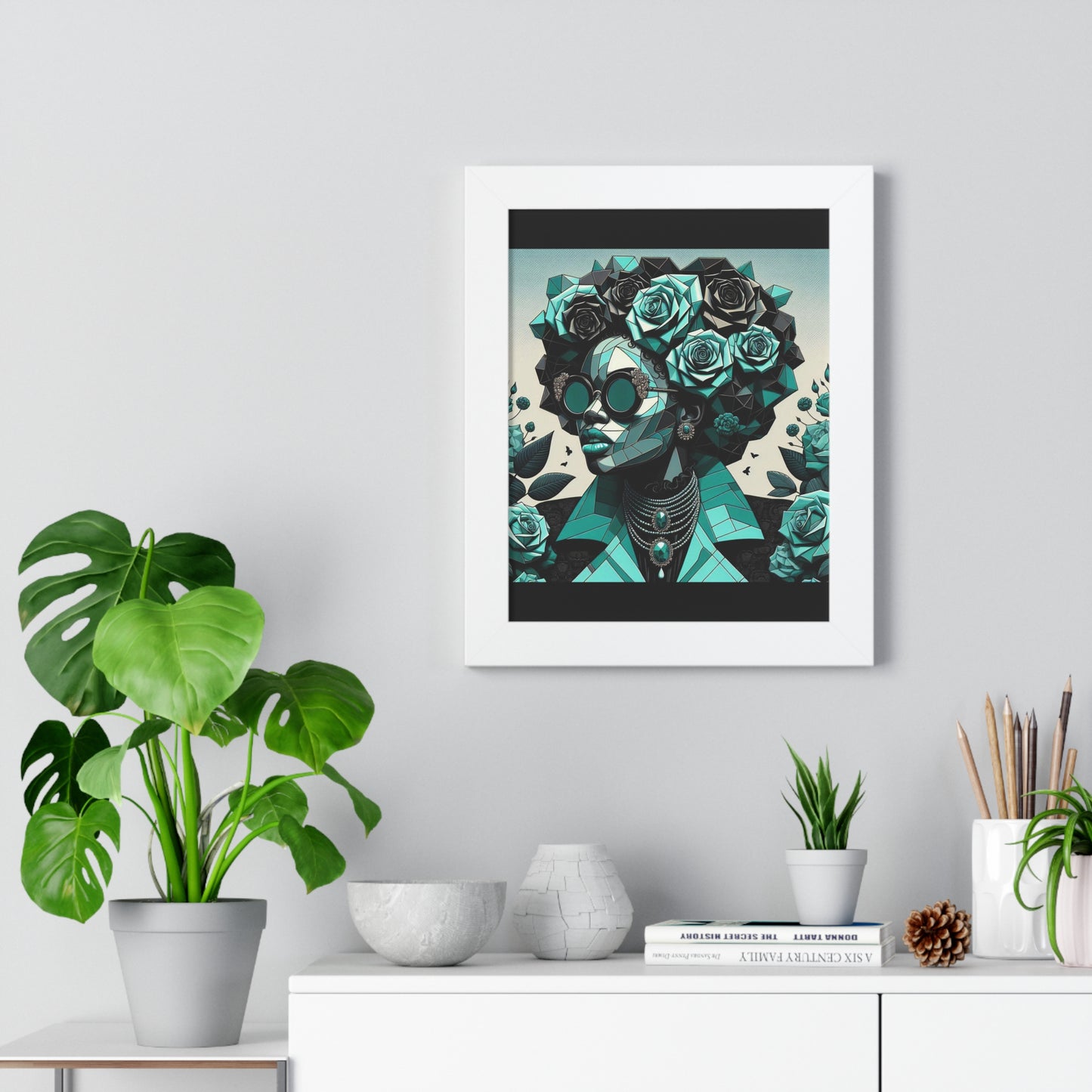 Framed Art Poster, Bohemian Home Decor, Wall Art for Living Room, Gift for Art Lovers, Unique Framed Wall Decor - Turquoise & Black Roses Lady