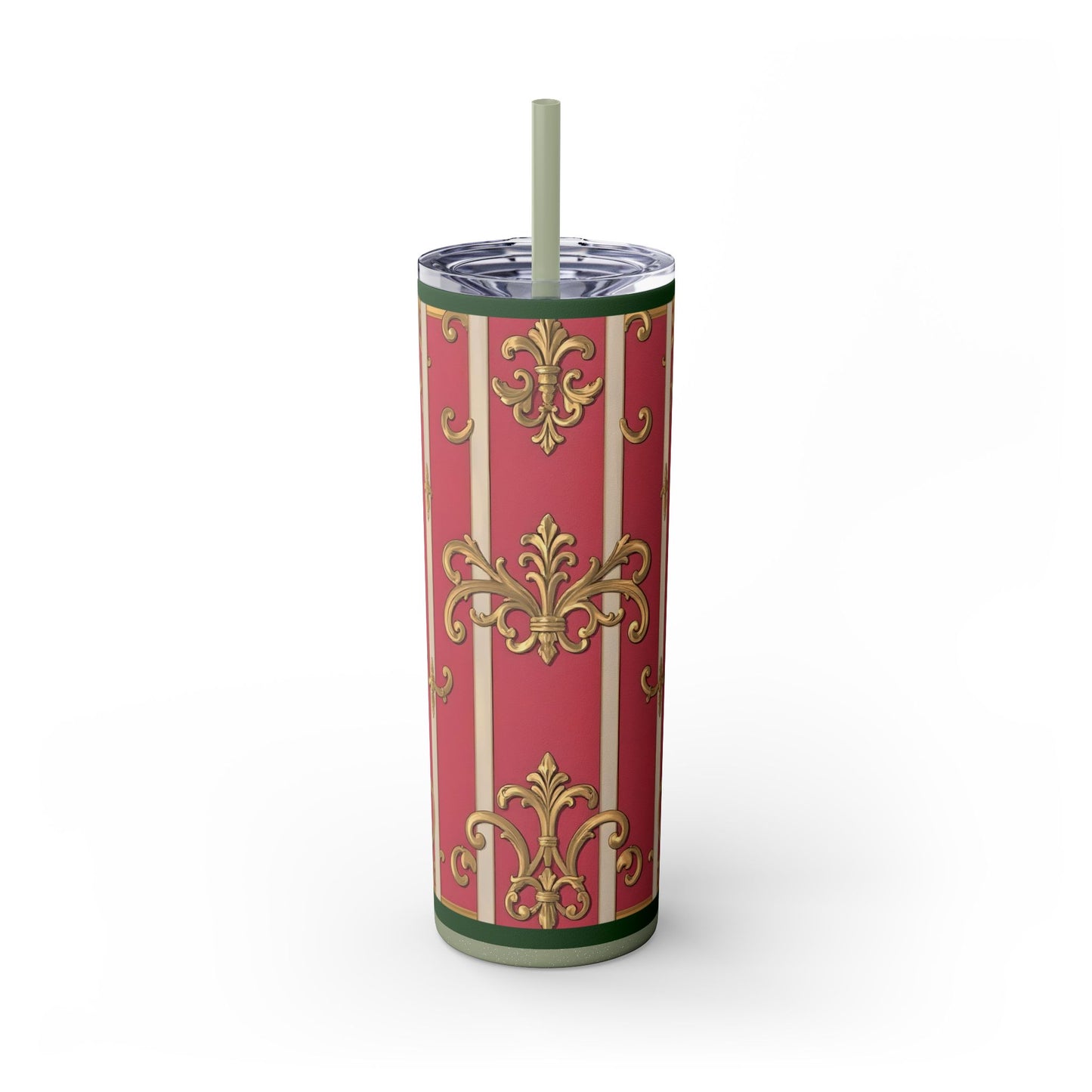 Elegant Green Border Pink Striped Baroque Skinny Tumbler with Straw, Reusable Travel Mug, Gift for Her, Fashionable Drinkware