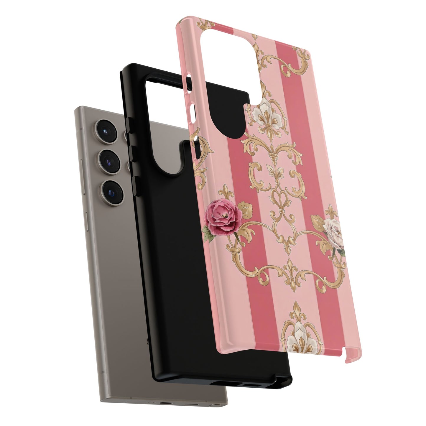 Elegant Floral Motif Phone Case - Tough Cases with Vintage Design - Pink Striped Roses & Damask