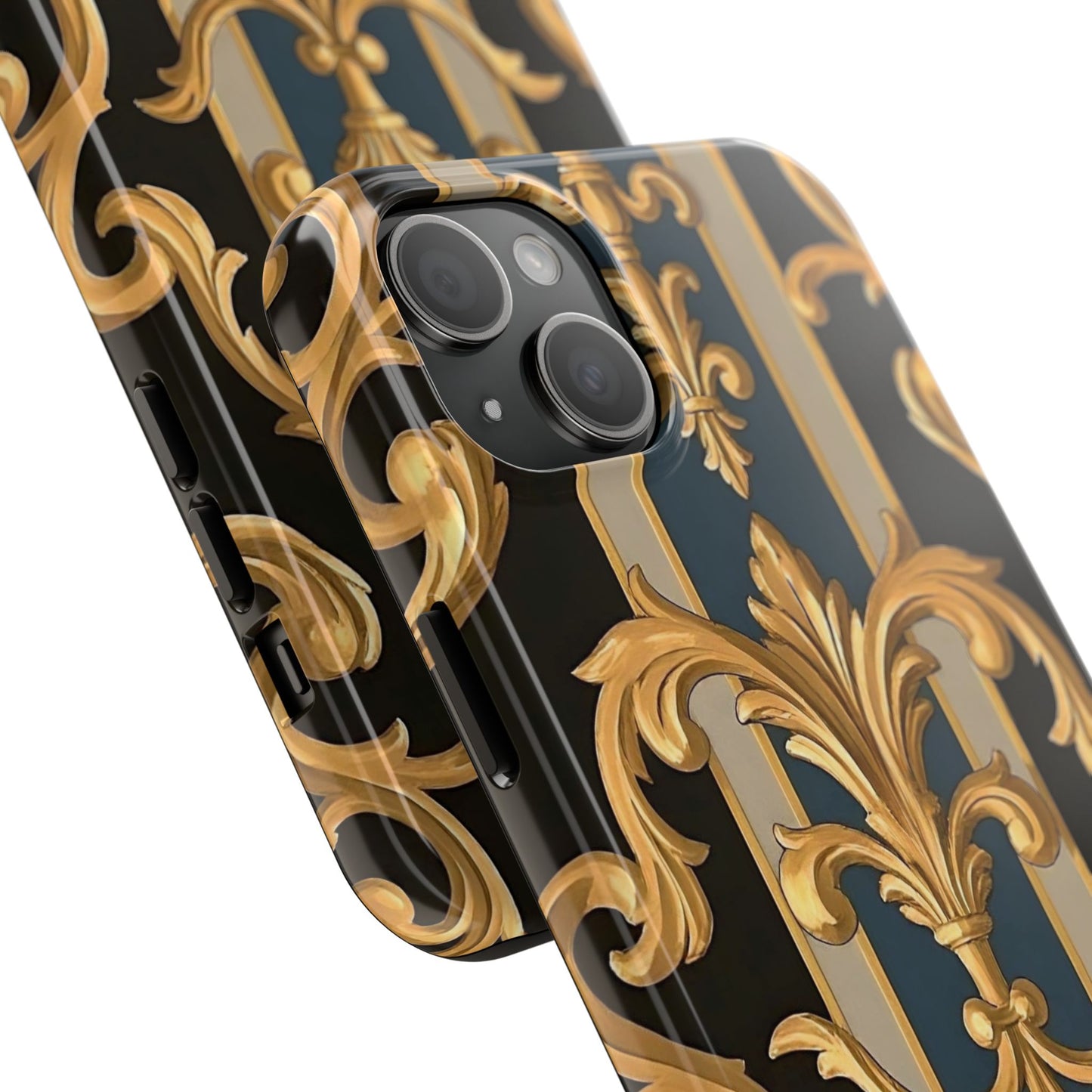Elegant Rococo Phone Cases, Tough iPhone Case, Floral Design Case, Luxury Phone Cover - Blue & Black Striped Rococo
