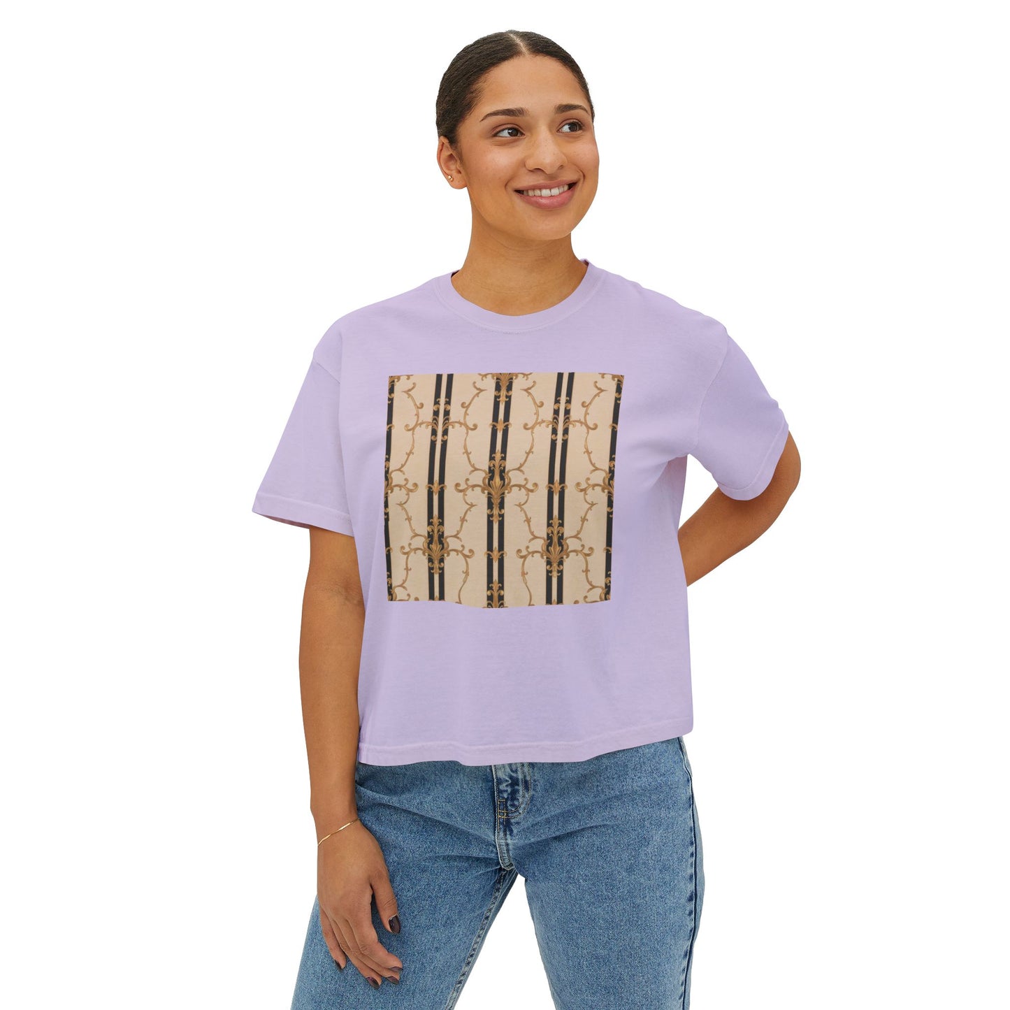 Chic Women's Boxy Tee with Abstract Design, Casual Top, Fashion Tee, Everyday Wear, Stylish Gift for Her - Black & Beige Striped Damask
