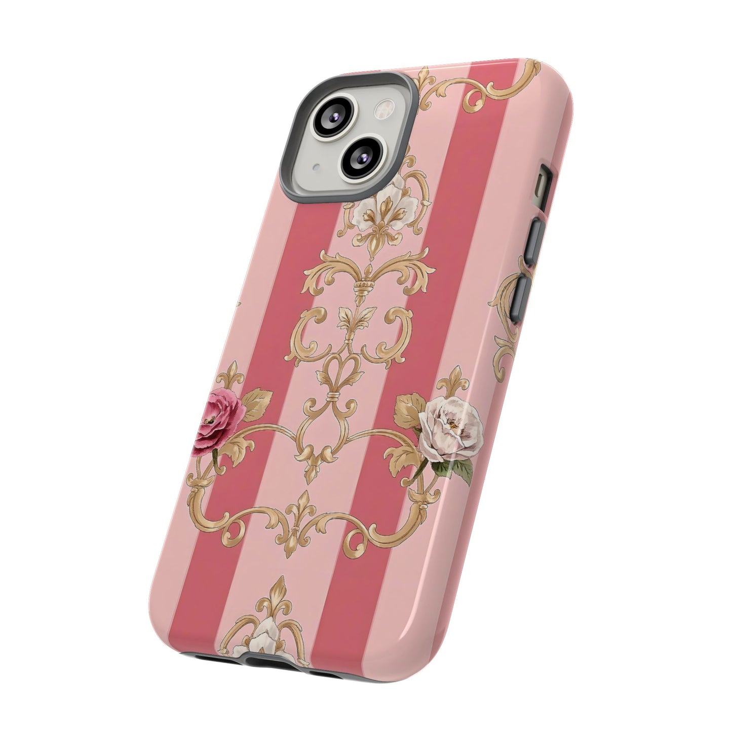 Elegant Floral Motif Phone Case - Tough Cases with Vintage Design - Pink Striped Roses & Damask