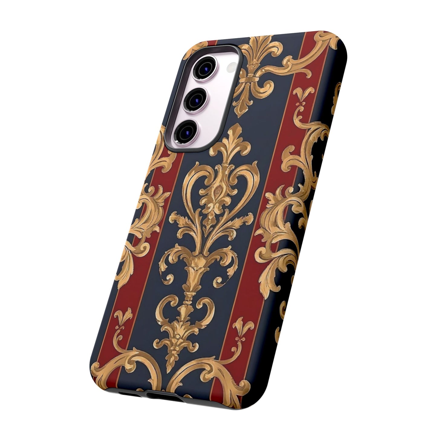 Elegant Floral Motif Phone Case - Tough Cases with Vintage Design - Midnight Blue & Dusk Red Striped Gold Damask