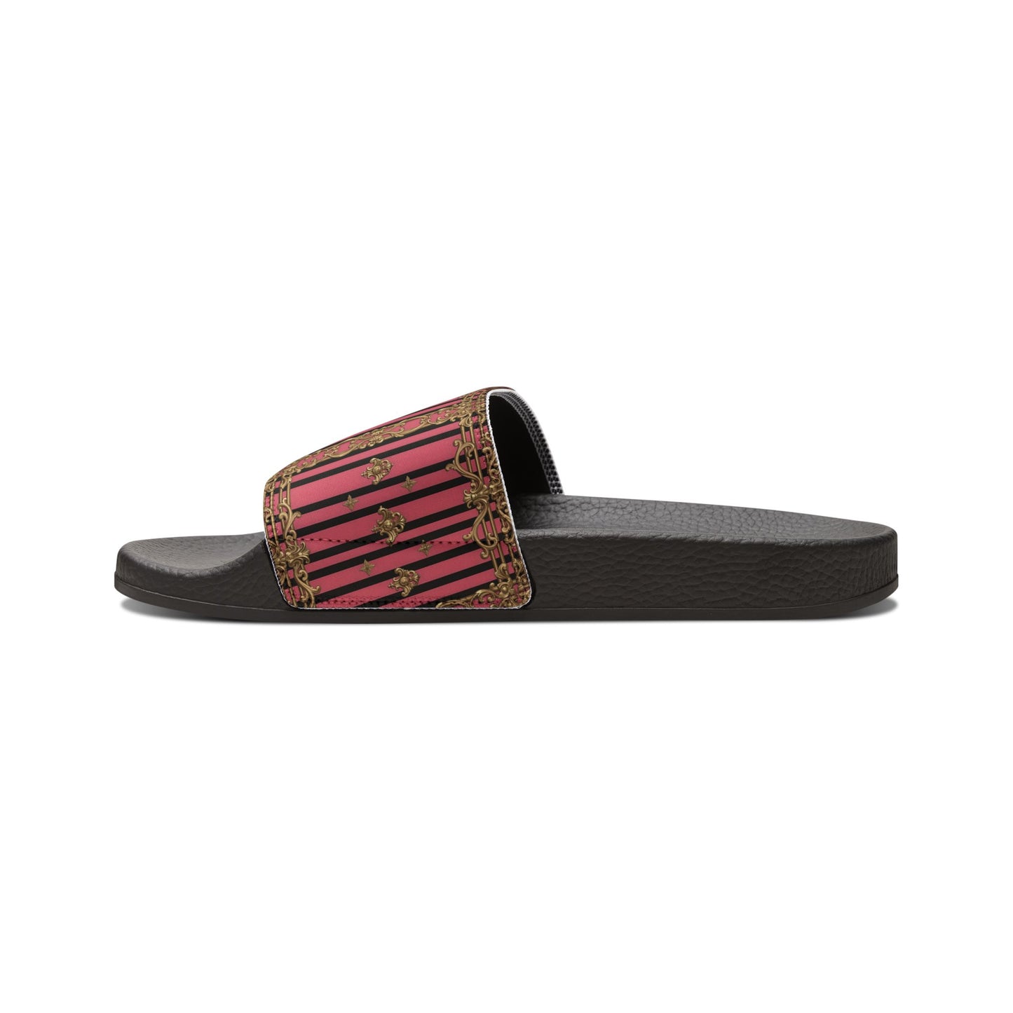 Chic Women's Removable-Strap Sandals - Stylish Summer Footwear, Casual Pool Slides, Vacation Ready - Pink Striped Gold Rococo