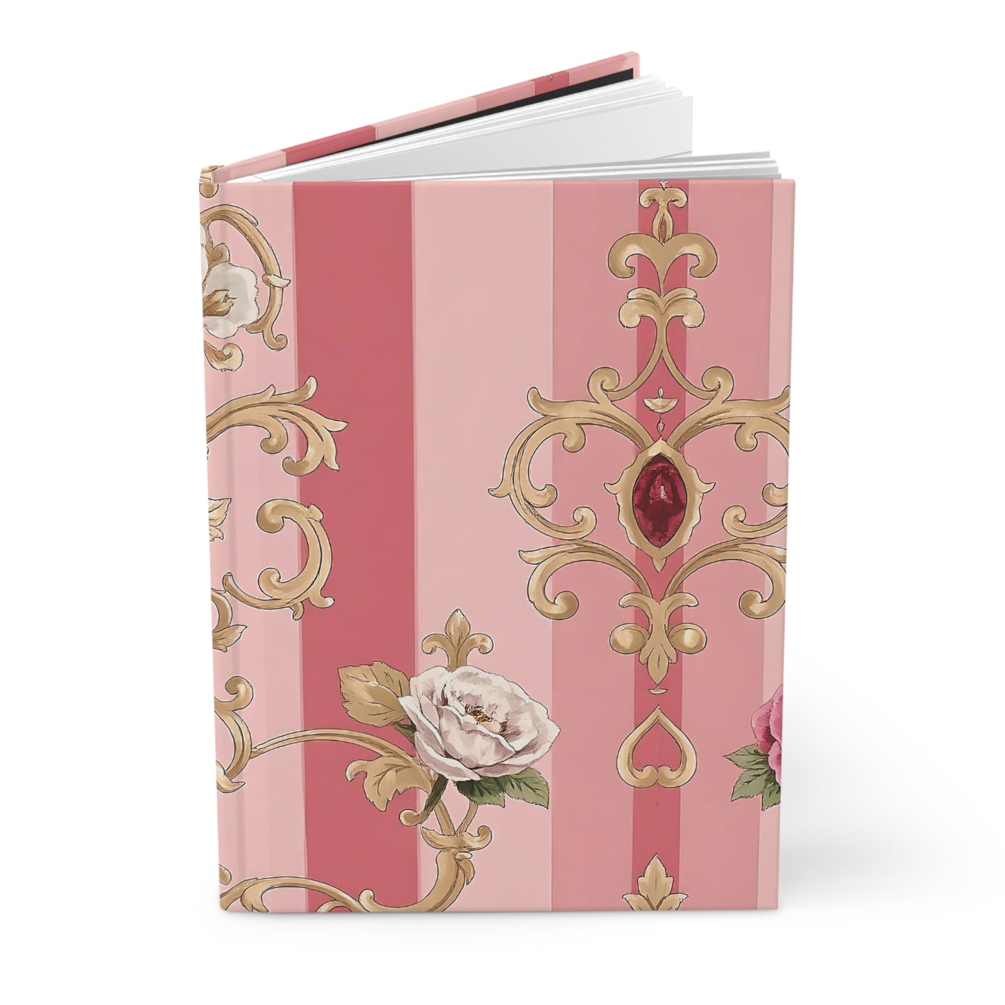 Elegant Floral Motif Hardcover Journal - Stylish Writing Notebook - Pink Striped Gold Damask