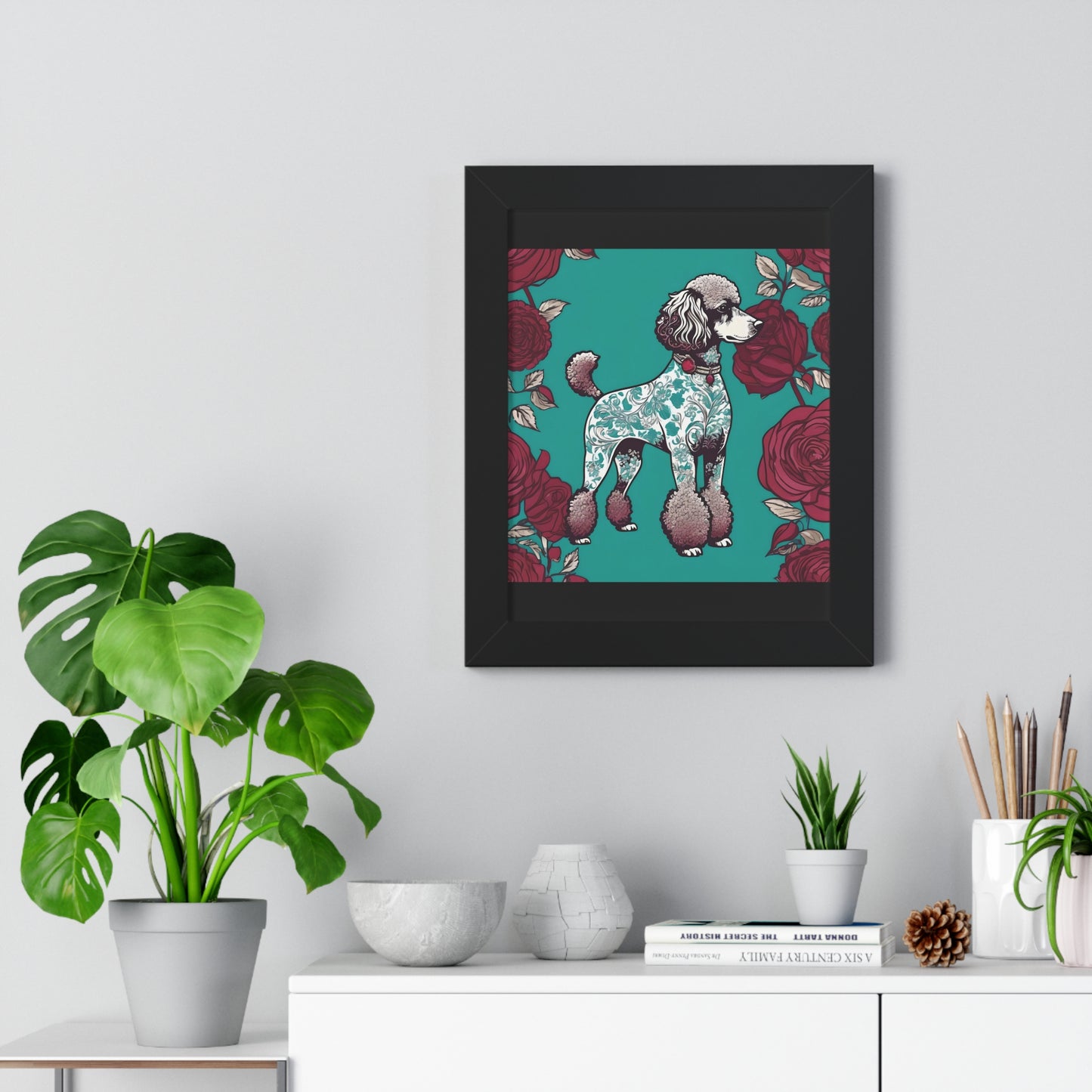 Vertical Poster - Stylish Framed - Art for Home Decor - Damask Aqua & White Poodle With Burgundy Roses
