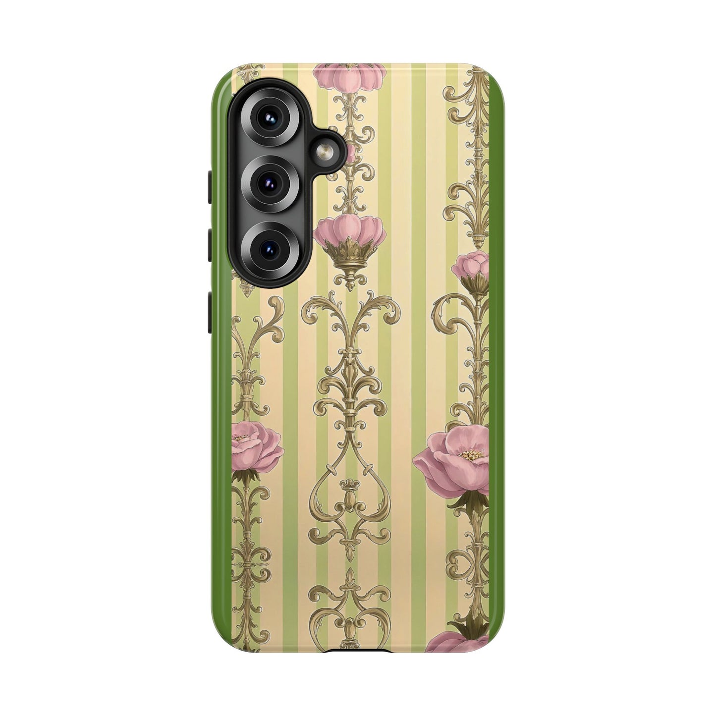 Elegant Floral Motif Phone Case - Tough Cases with Vintage Design - Lime Green & Pink Striped Damask