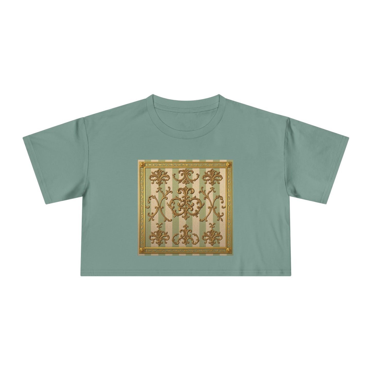 Stylish Women's Crop Tee with Elegant Print, Summer Fashion Top, Casual Chic Shirt, Gift for Her, Trendy Outfit - Mint & Beige Striped Gold Baroque