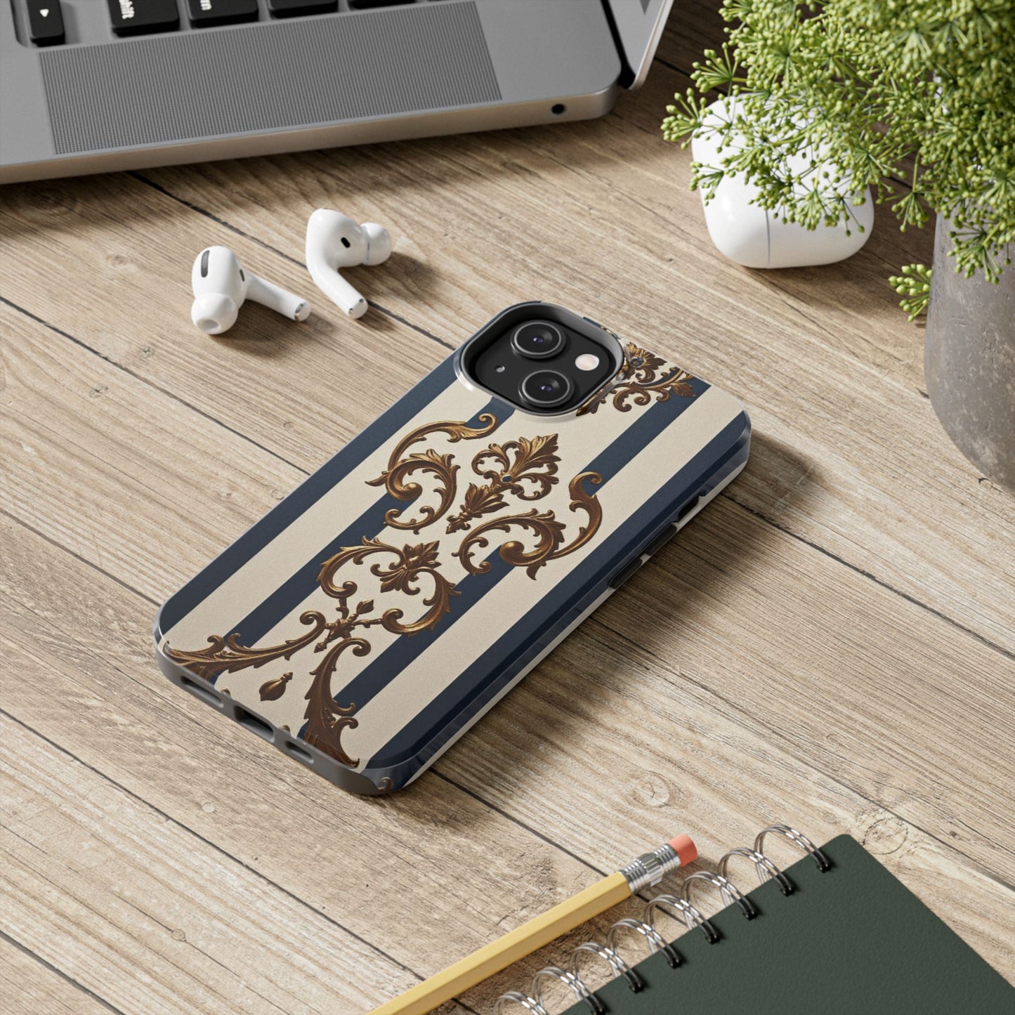 Damask Tough Phone Case - Alabaster & Blue Striped Damask