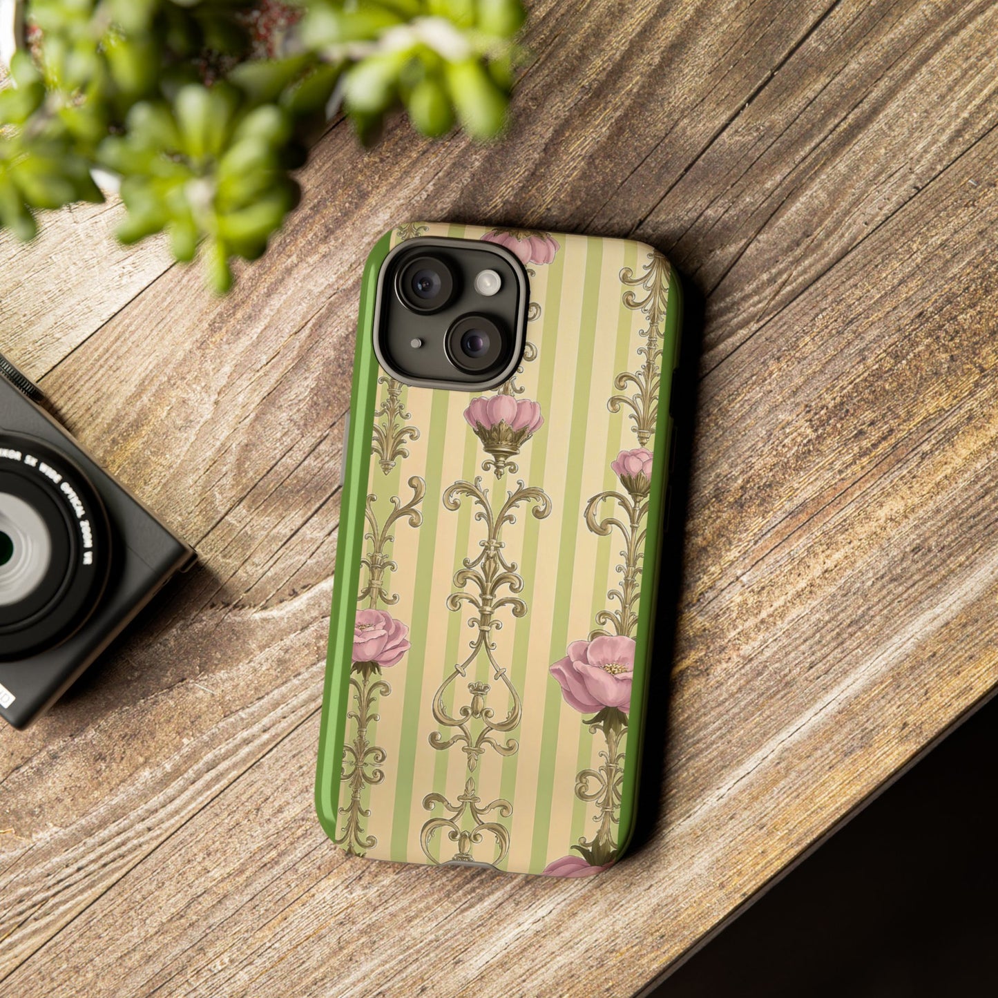 Elegant Floral Motif Phone Case - Tough Cases with Vintage Design - Lime Green & Pink Striped Damask