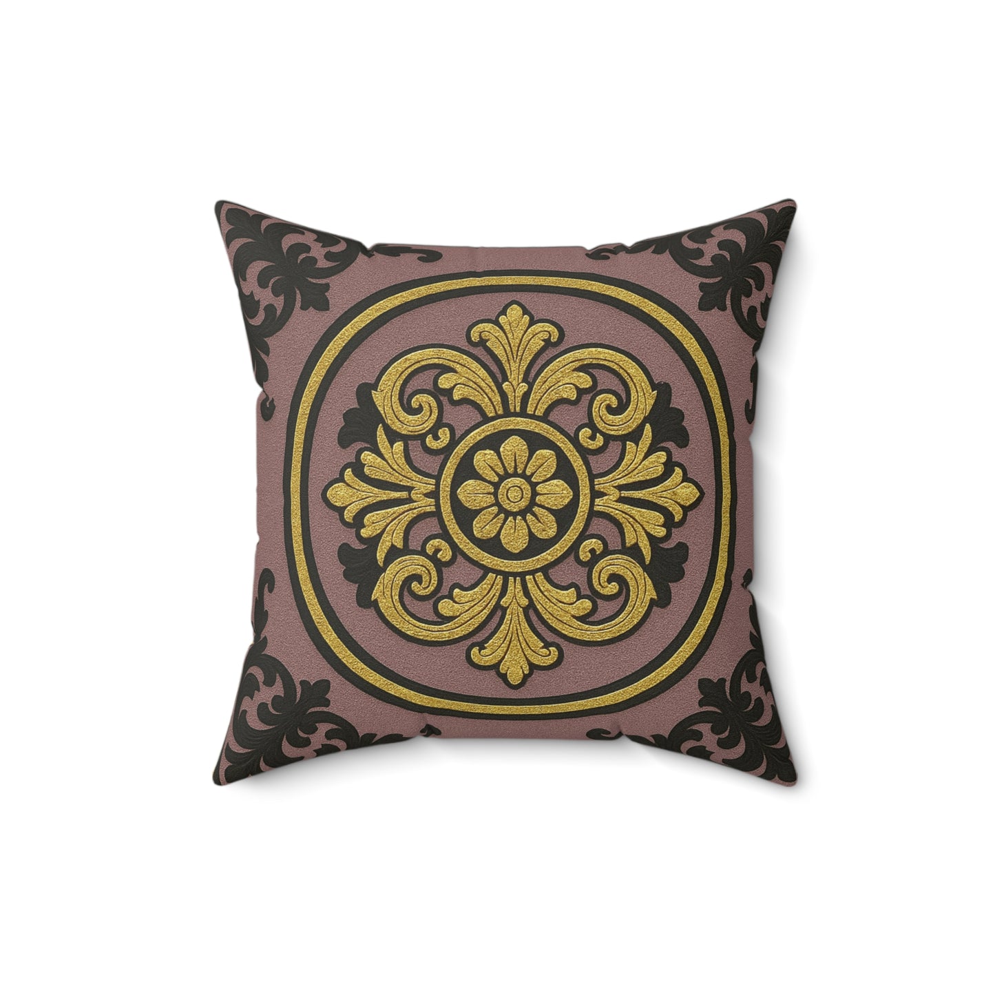 Elegant Gilded Mauve With Gold-Black Baroque Faux Suede Pillow, Decorative Cushion for Home Decor, Living Room Accent, Gift for Holidays