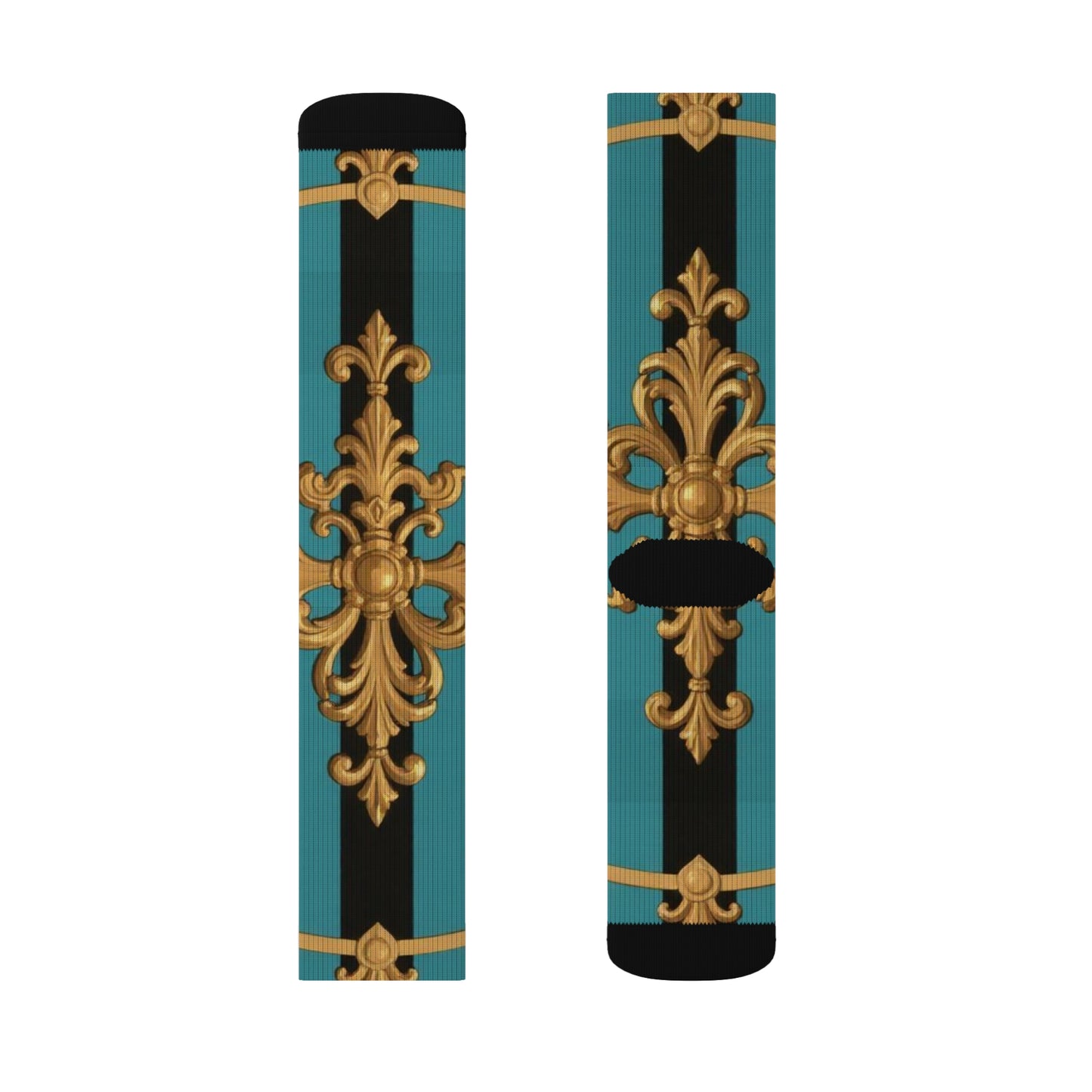 Elegant Turquoise & Black Striped Gold Baroque Patterned Unisex Sublimation Socks, Fashionable Socks, Unique Gift for Her & Him