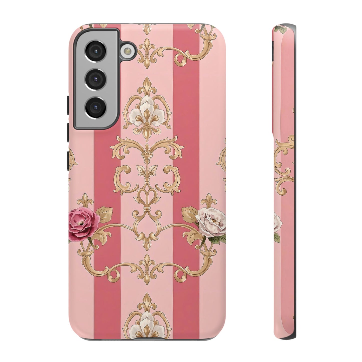 Elegant Floral Motif Phone Case - Tough Cases with Vintage Design - Pink Striped Roses & Damask