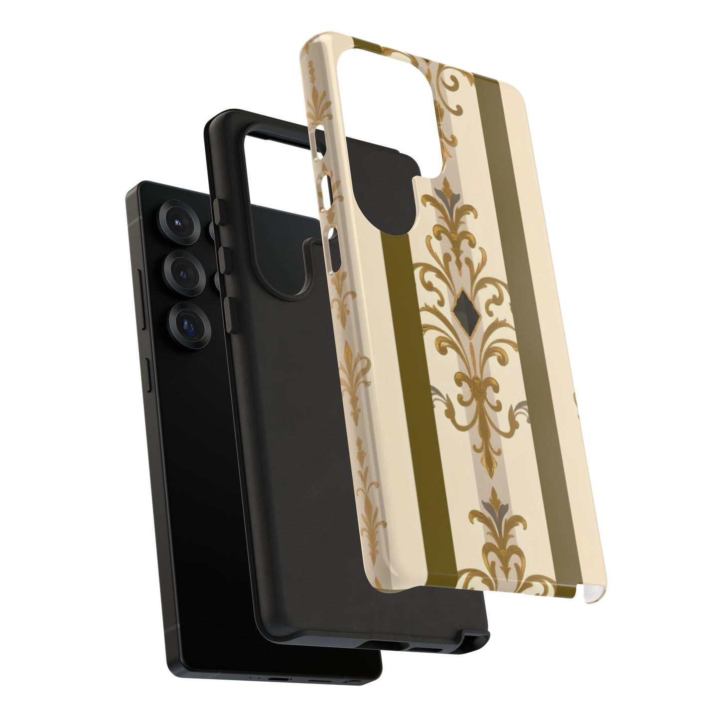 Elegant Floral Motif Phone Case - Tough Cases with Vintage Design - Olive Striped Gold Damask
