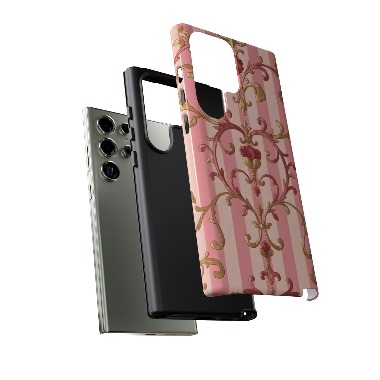 Elegant Floral Motif Phone Case - Tough Cases with Vintage Design - Pink Striped Rose Gold Damask