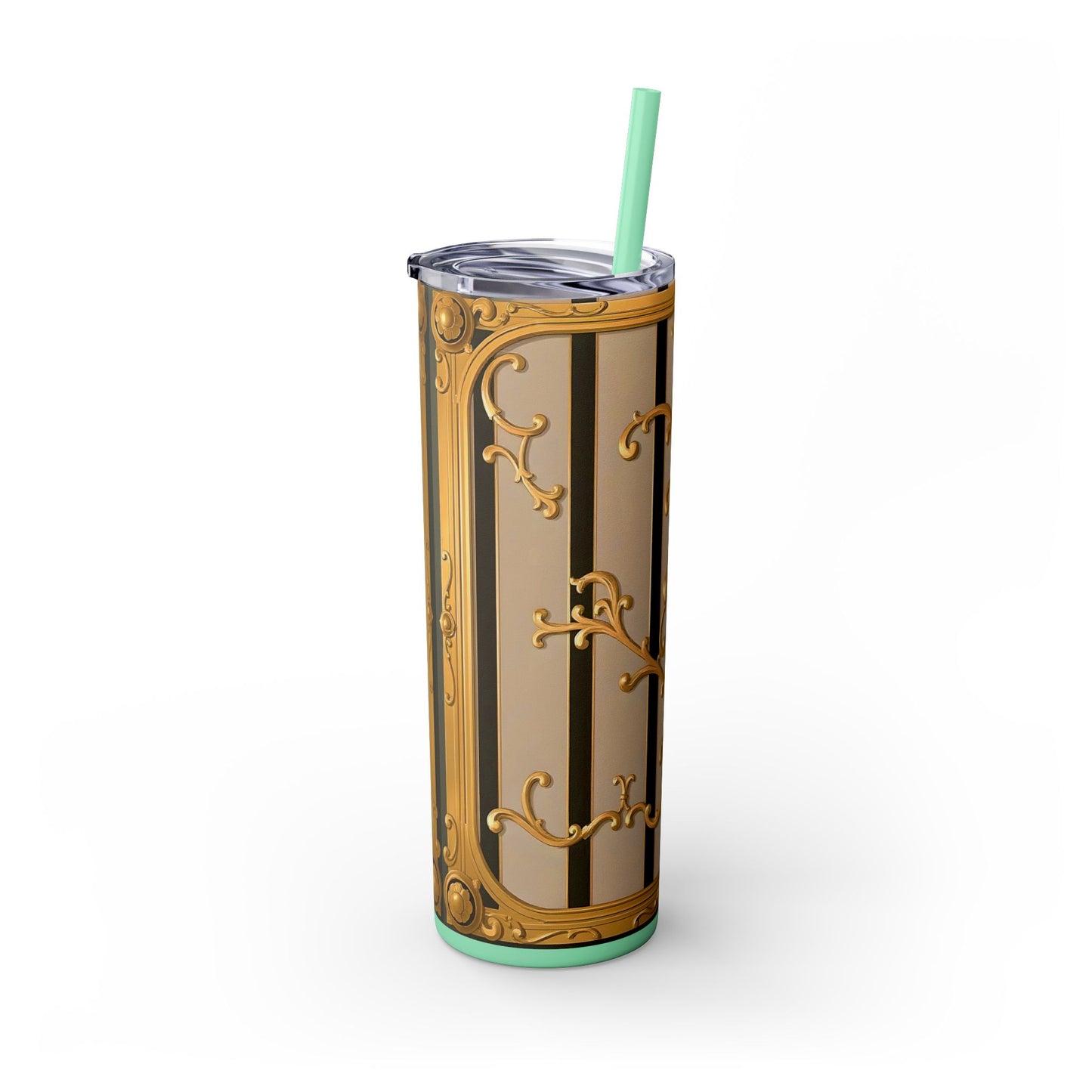 Skinny Tumbler with Straw, 20oz - Beige Striped Gold Rococo