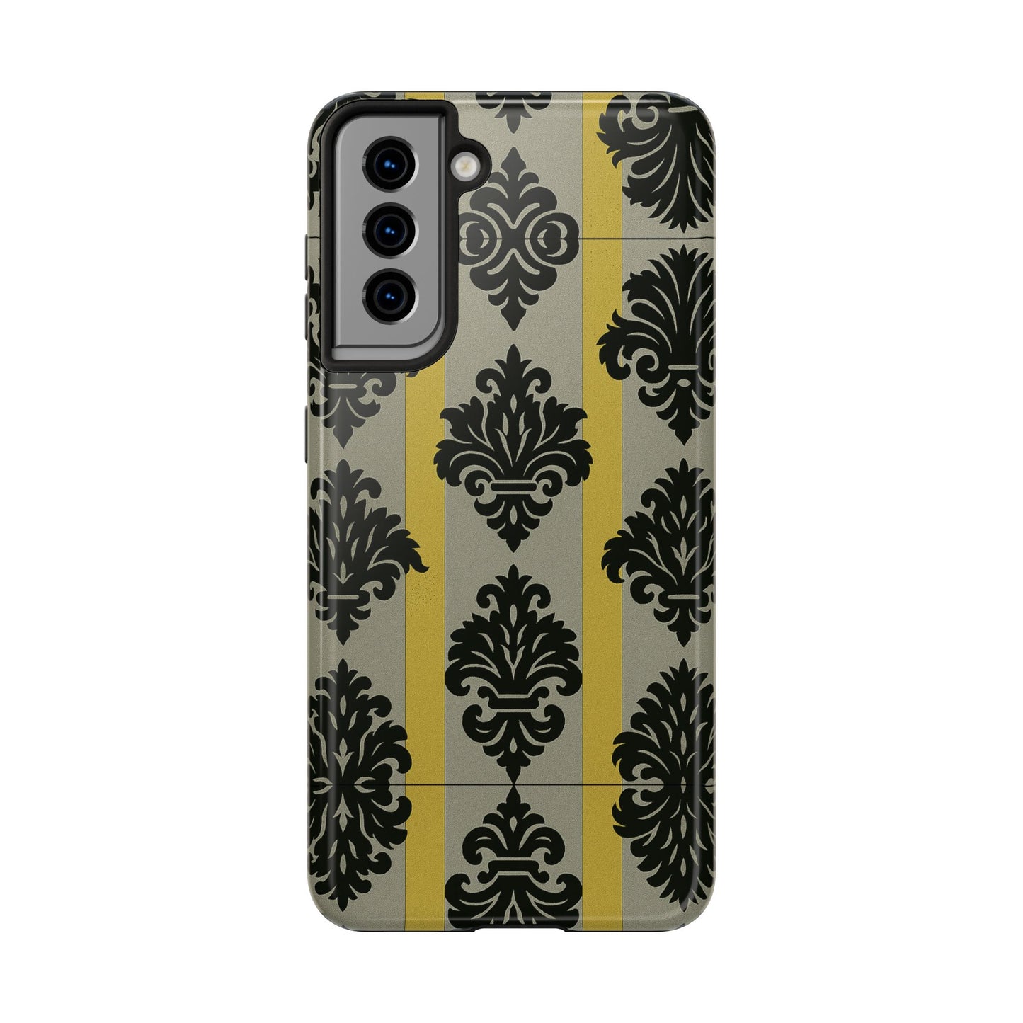 Elegant Baroque Tough Phone Cases | Chic Phone Protection | Gift for Her | Stylish Accessory | Holiday Gift Idea | Silver & Gold Striped Black Baroque