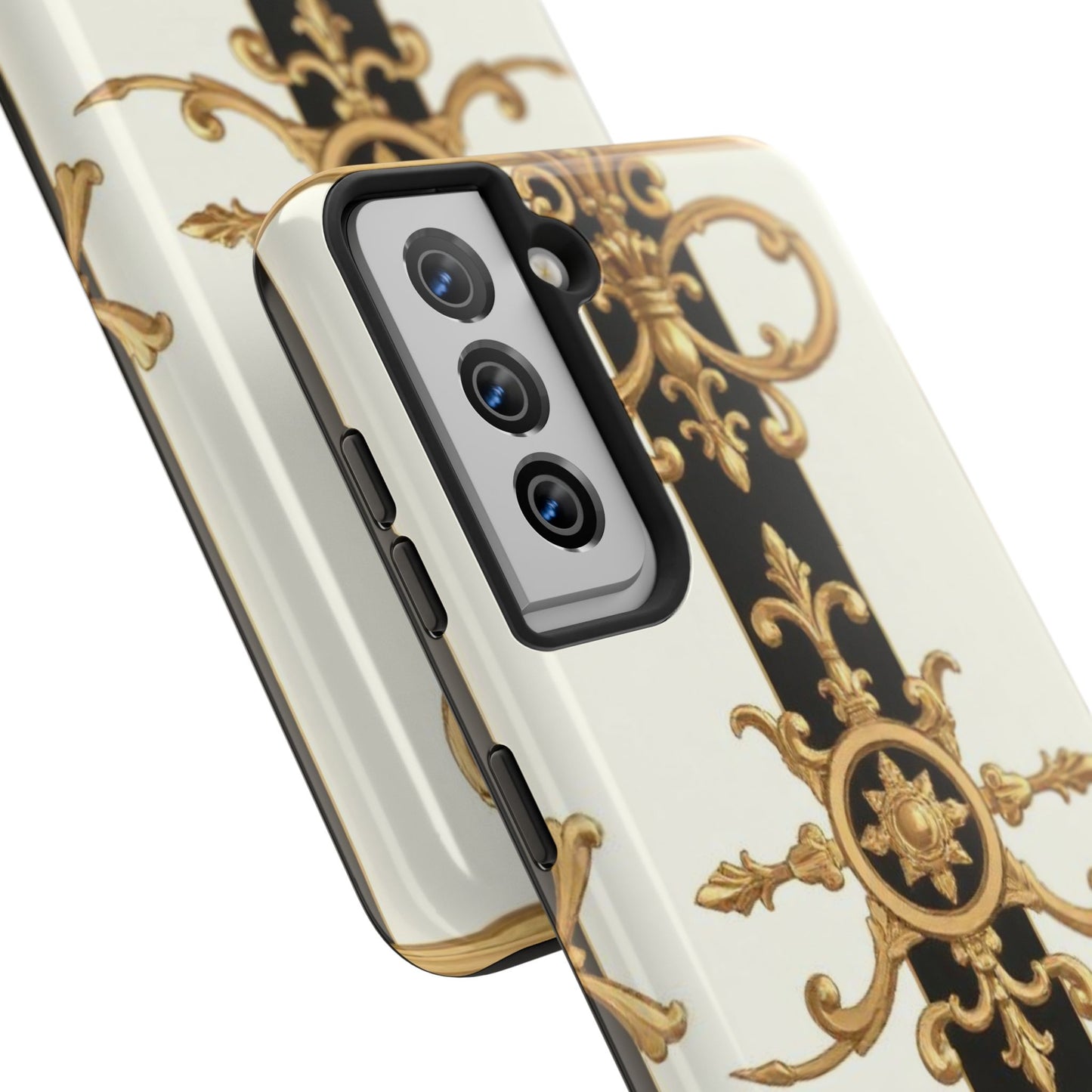 Elegant Baroque Tough Phone Case | Stylish Protection for Your Device, Gift for Her, Phone Accessories - Black & White Striped Gold Baroque