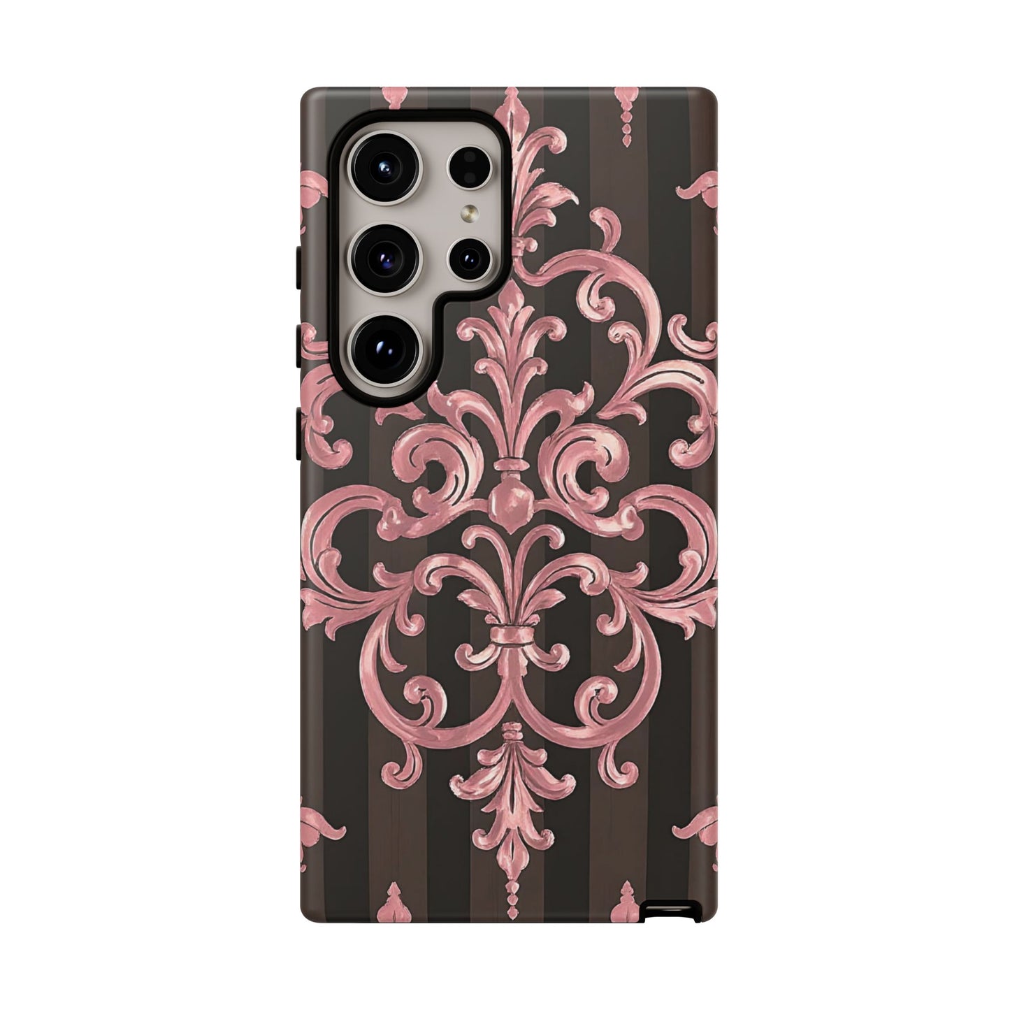 Elegant Floral Motif Phone Case - Tough Cases with Vintage Design - Brown Striped Mauve Damask