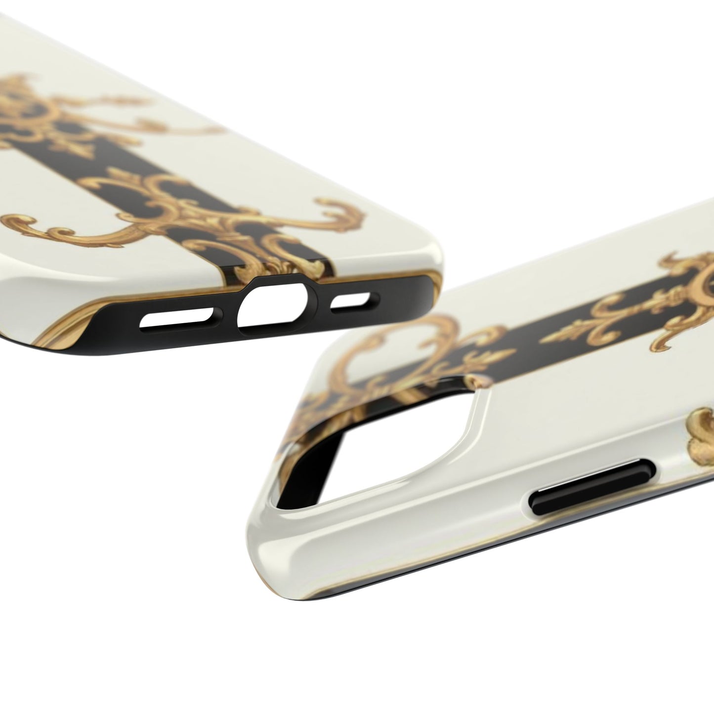 Elegant Baroque Tough Phone Case | Stylish Protection for Your Device, Gift for Her, Phone Accessories - Black & White Striped Gold Baroque