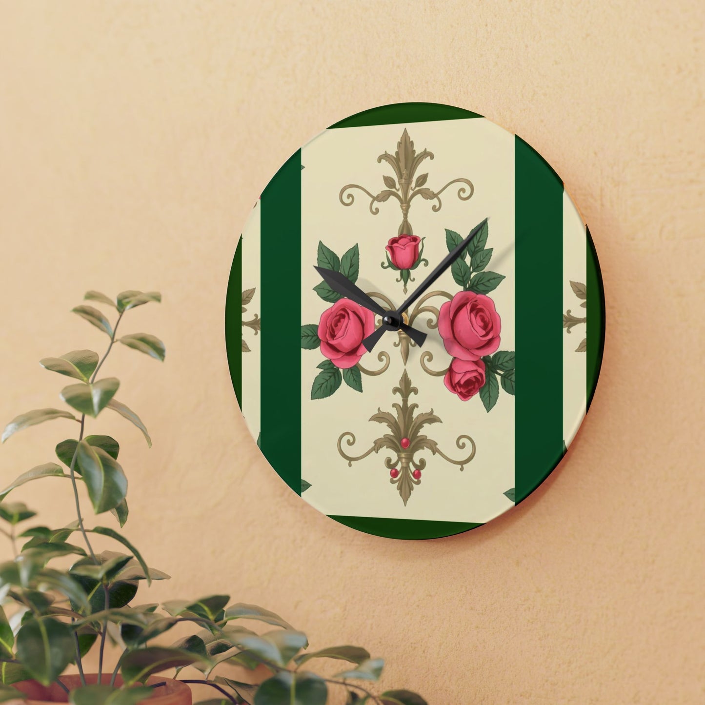 Bohemian Damask-Inspired Acrylic Wall Clock with Floral Design - Green Border Roses & Damask