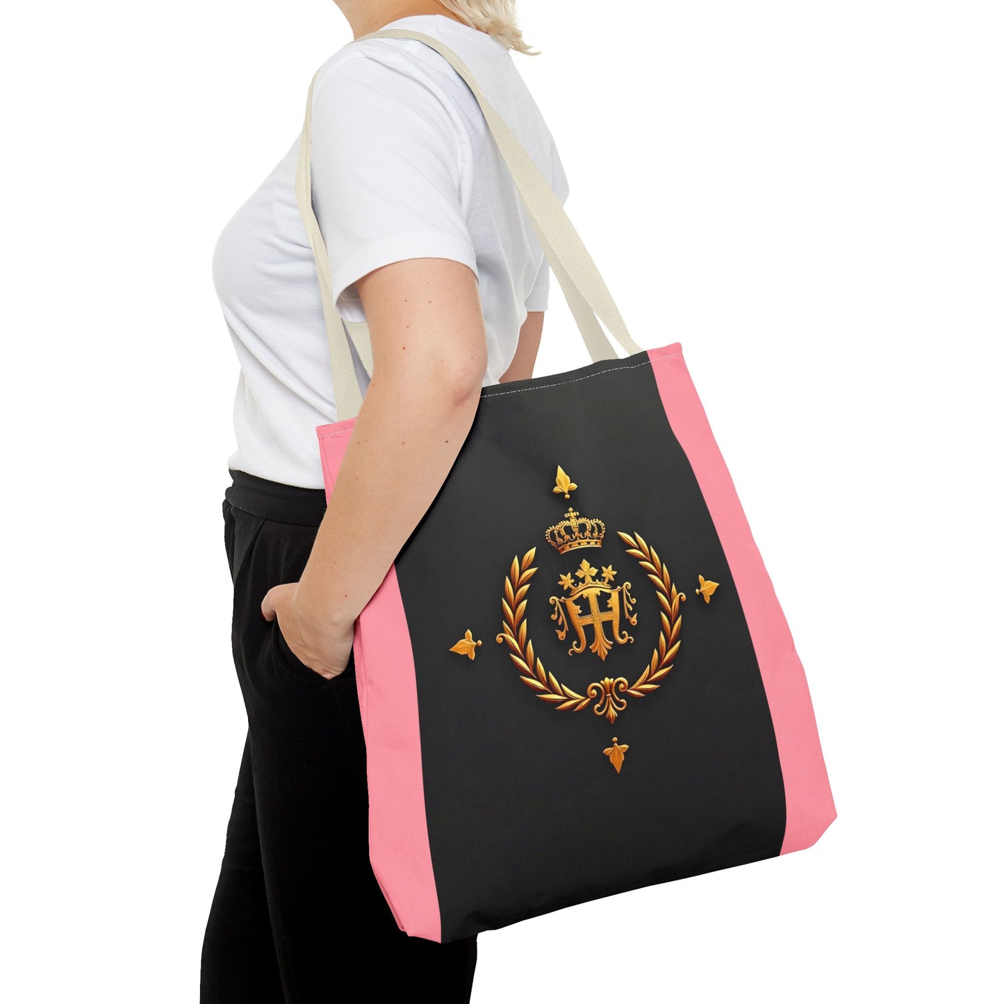 Elegant Monogrammed Tote Bag - Chic Shopper, Eco-Friendly Carryall, Personalized Gift, Stylish Accessory - Pink Striped Gold Crest