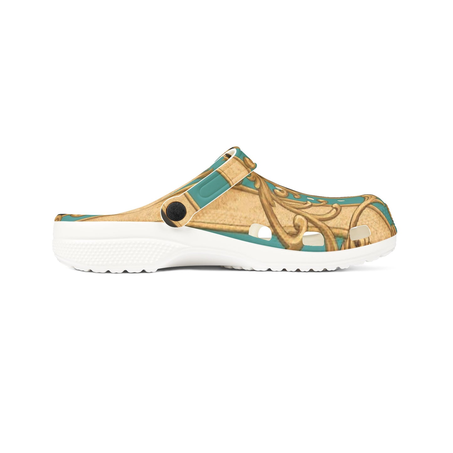 Stylish Black, Tan & Ocean Green Striped Gold Baroque  EVA Foam Rubber Clogs, Trendy Garden Shoes, Fashionable Slip-Ons